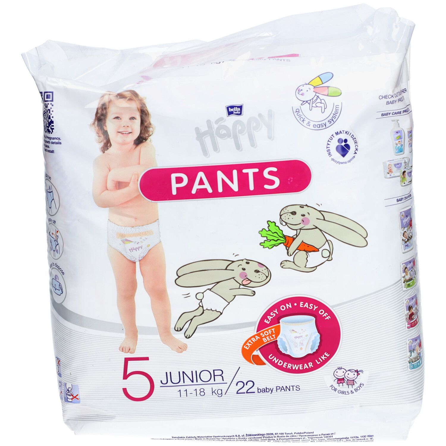 Paquet de couches-culottes Happy Pants Junior 5, 11-18 kg, 22 pièces. Illustration d'un enfant et de lapins.