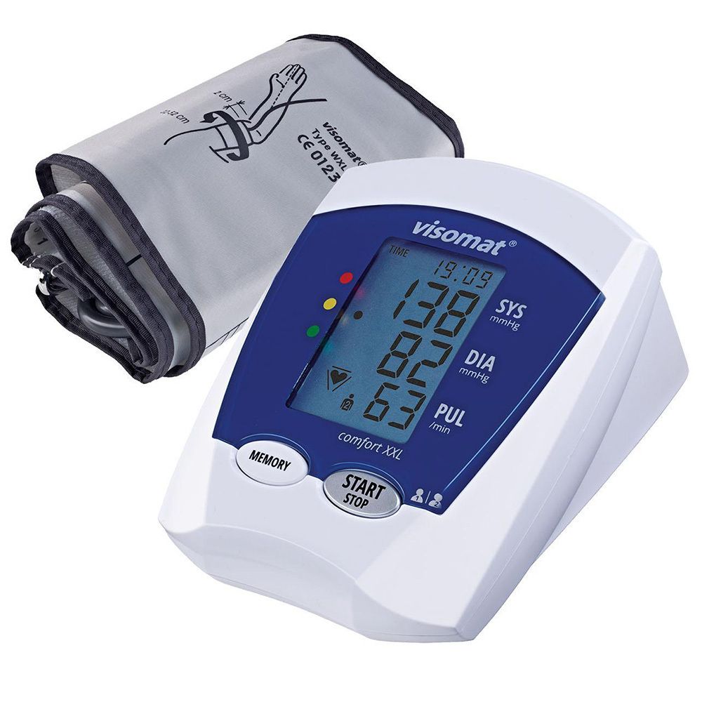 Bloeddrukmeter visomat® comfort XXL met manchet. Digitale display met meetwaarden. Witte behuizing, blauw scherm.
