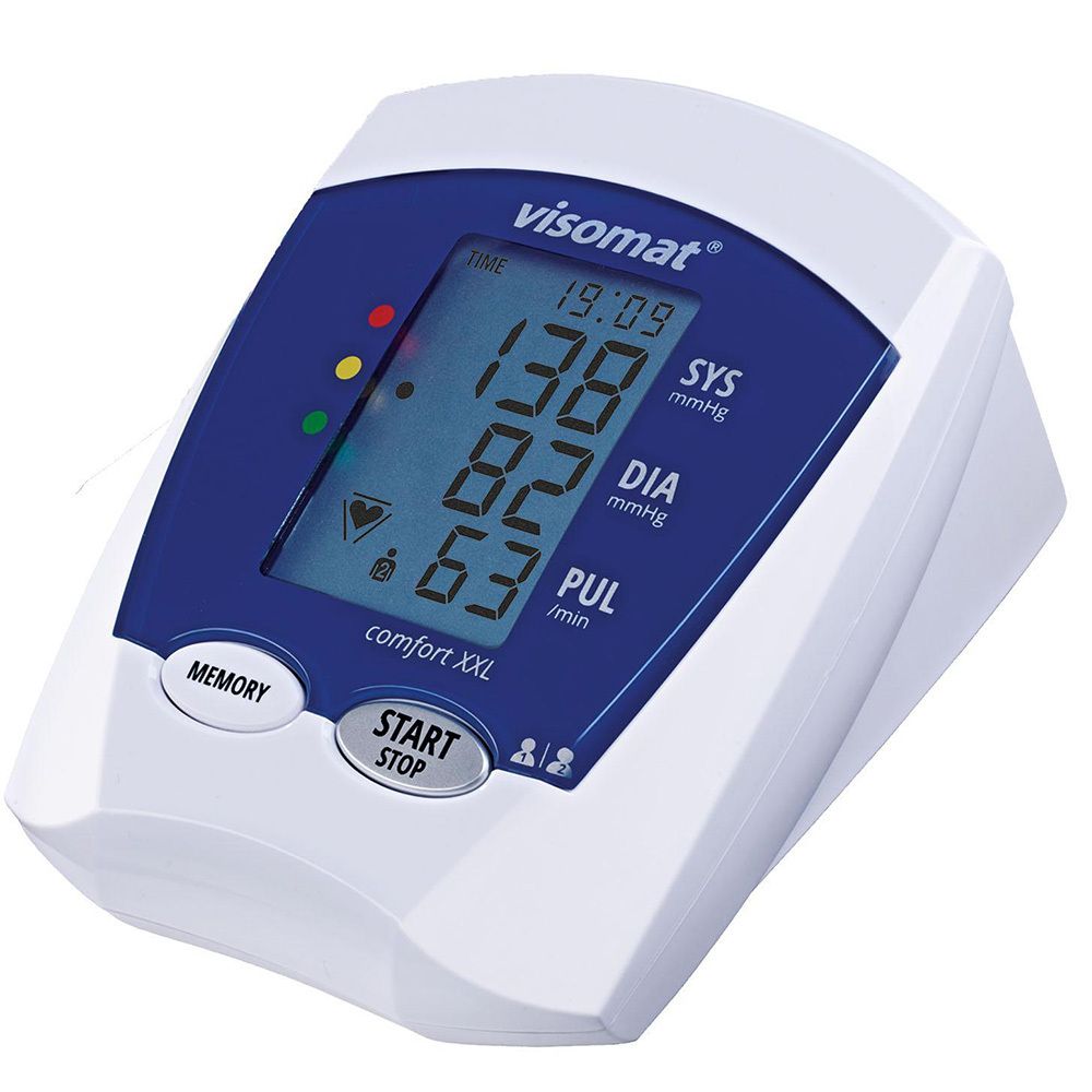 Bloeddrukmeter visomat® comfort XXL. Digitale display met meetwaarden. Witte behuizing, blauw scherm, knoppen.