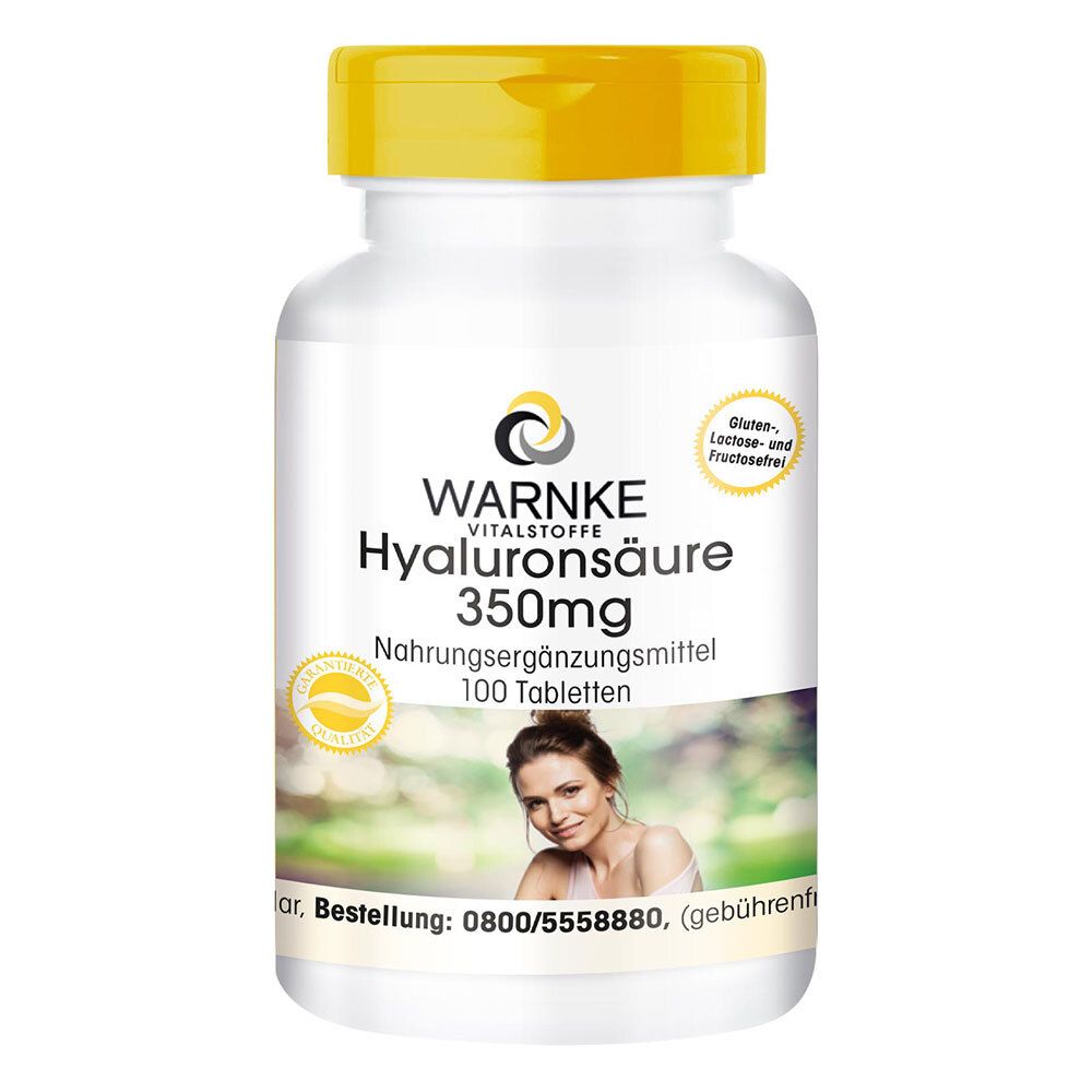 Witte pillenpot met gele dop. Opschrift: WARNKE Vitalstoffe Hyaluronsäure 350mg, 100 tabletten. Gluten- en lactosevrij.