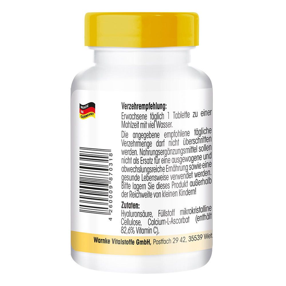 Achterkant van de pillenfles. Bevat aanbevelingen, ingrediëntenlijst en fabrikantinfo. Met 'Made in Germany' logo.