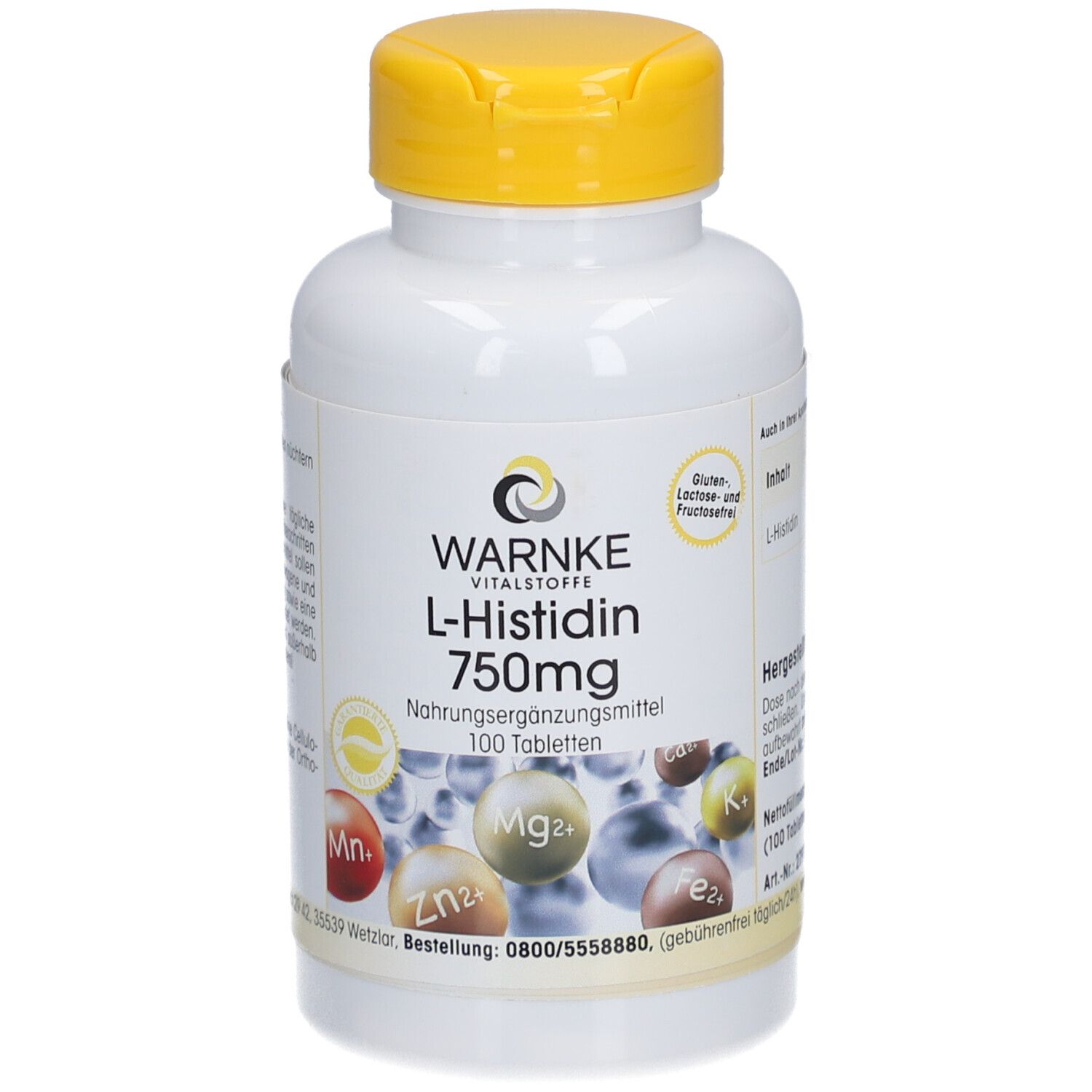 Witte fles met gele dop. Opschrift: Warnke L-Histidine 750mg, 100 tabletten. Afbeeldingen van mineralen.