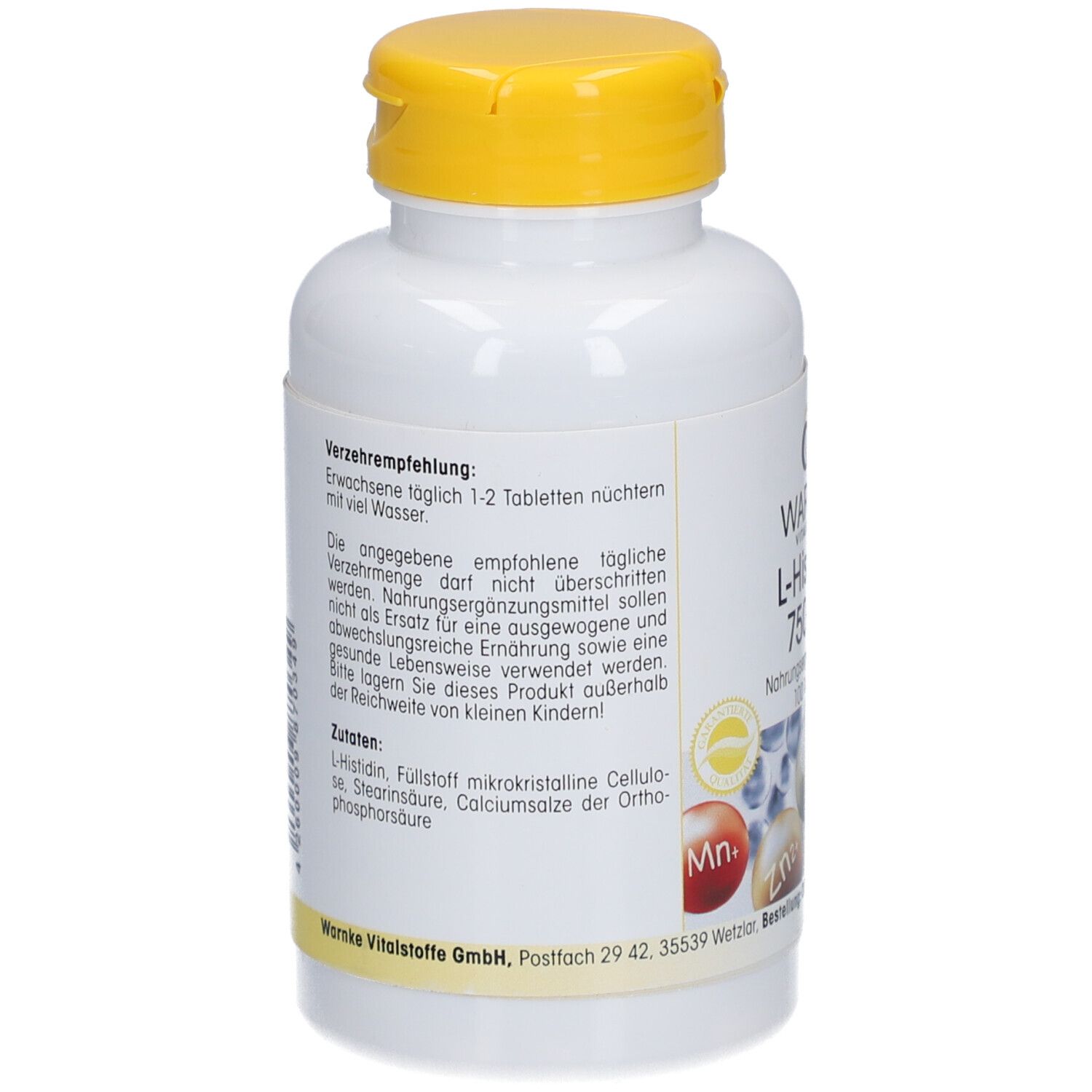 Achterkant van een witte fles met gele dop. Tekst over aanbevolen gebruik en ingrediënten. Warnke Vitalstoffe GmbH.