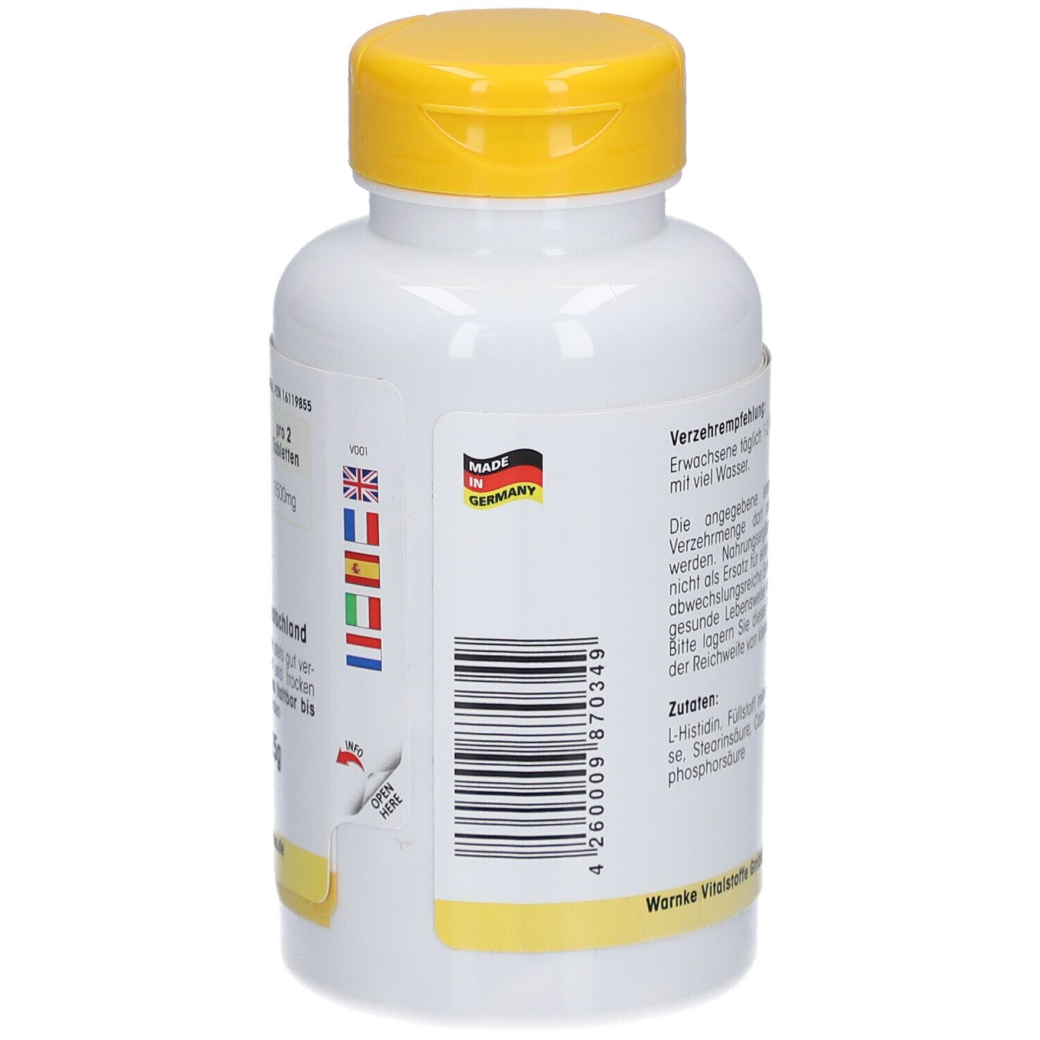 Achterkant van een witte fles met gele dop. Barcode, Made in Germany, vlaggen. Warnke Vitalstoffe GmbH.