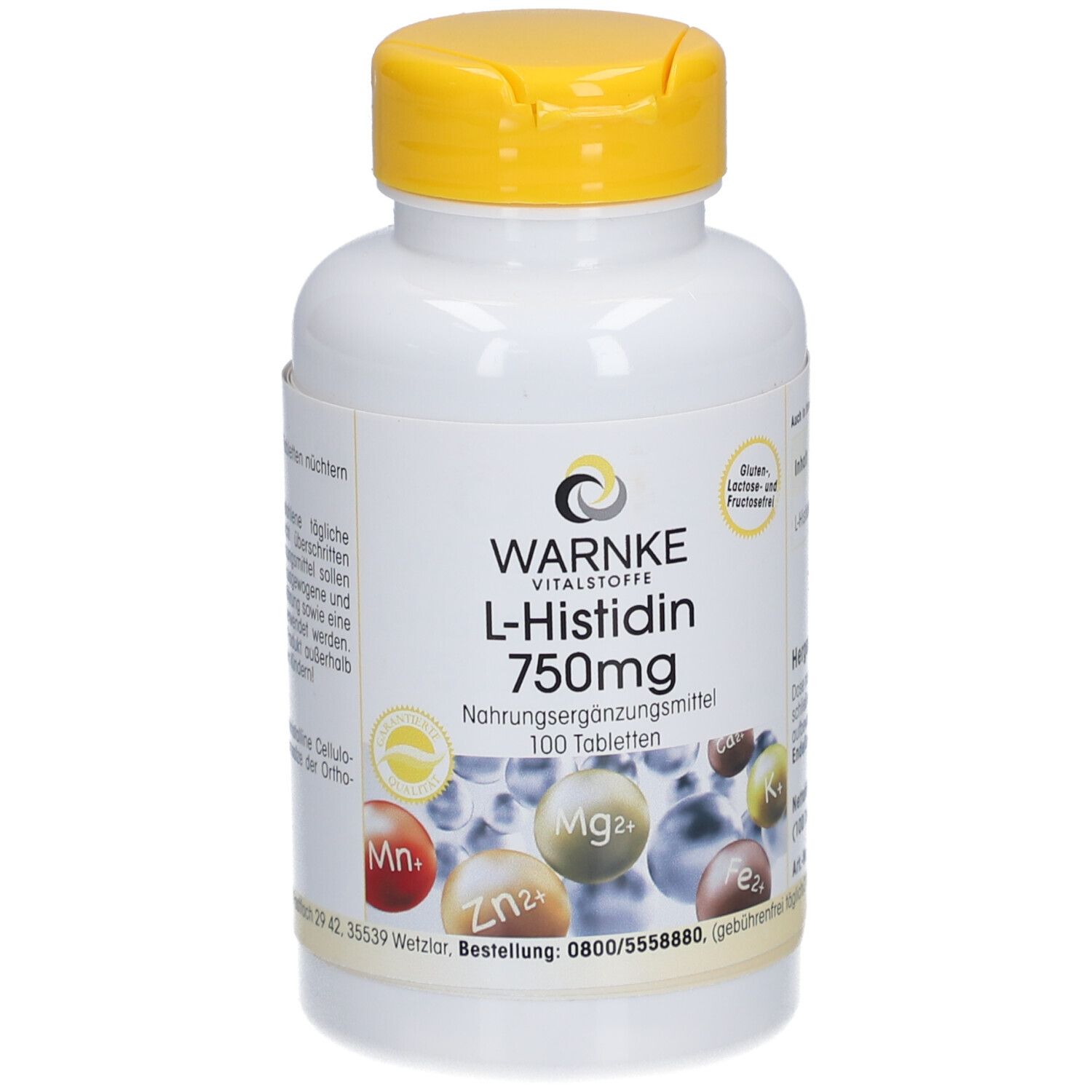 Witte fles met gele dop. Opschrift: Warnke L-Histidine 750mg, 100 tabletten. Afbeeldingen van mineralen.
