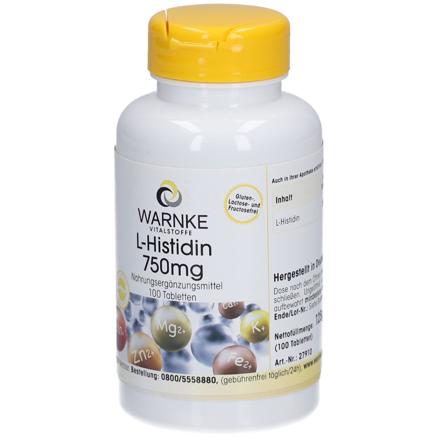 Witte fles met gele dop. Opschrift: Warnke L-Histidine 750mg, 100 tabletten. Afbeeldingen van mineralen.