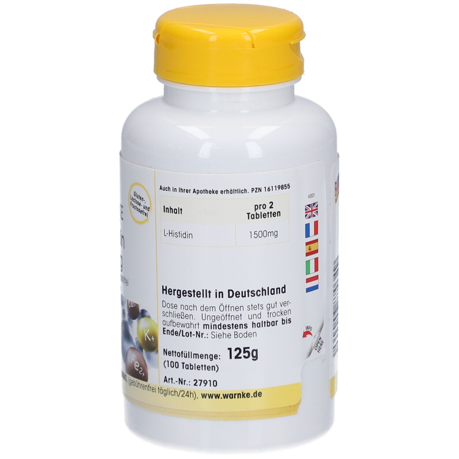 Achterkant van een witte fles met gele dop. Tekst, samenstelling, nettogewicht 125g. Warnke.