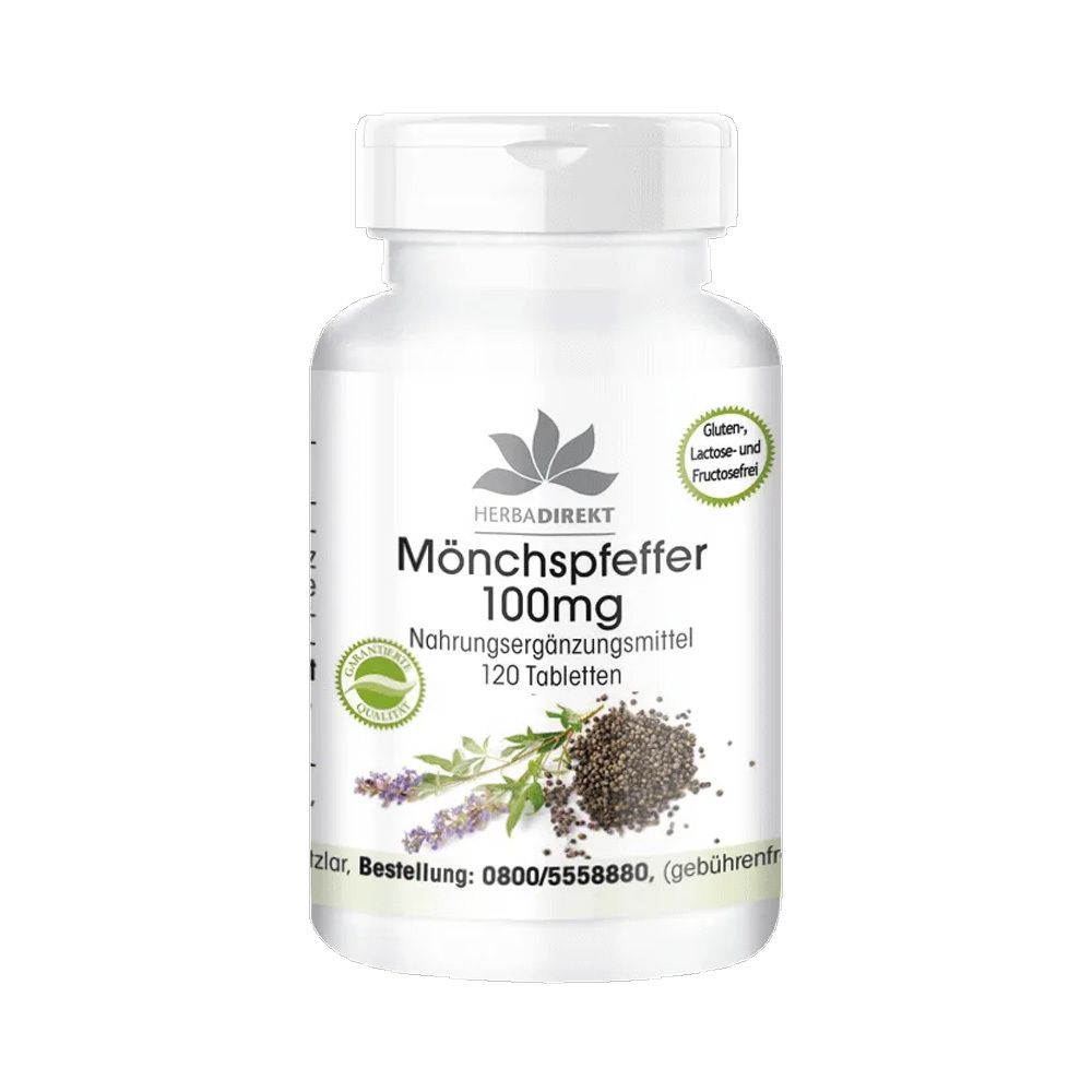 Witte tablettenfles met opschrift Mönchspfeffer 100mg. Groen-wit etiket met logo en plantenafbeelding.