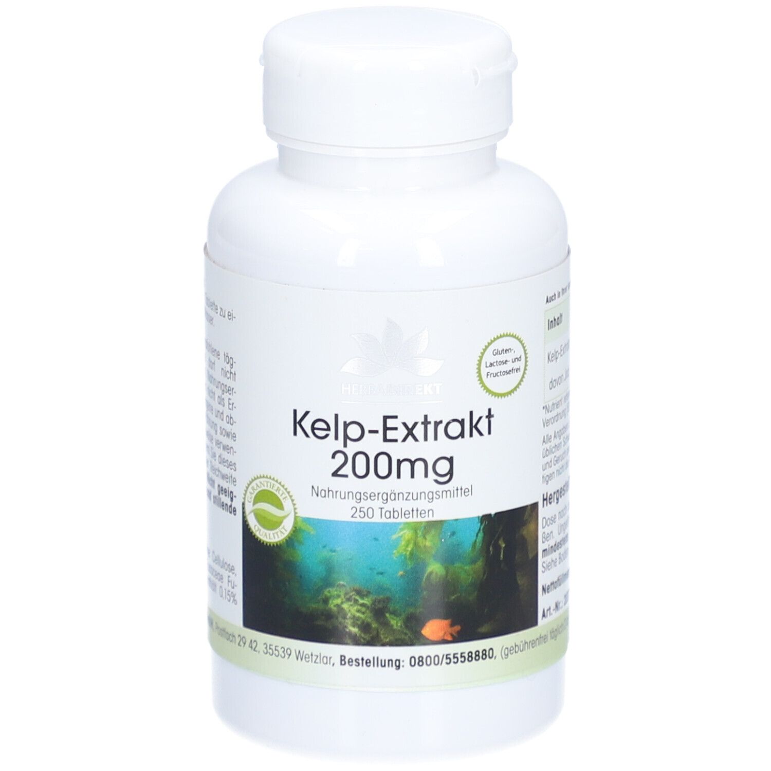Witte fles met groen etiket. Kelp-Extrakt 200mg, 250 tabletten. Onderwatermotief en logo.