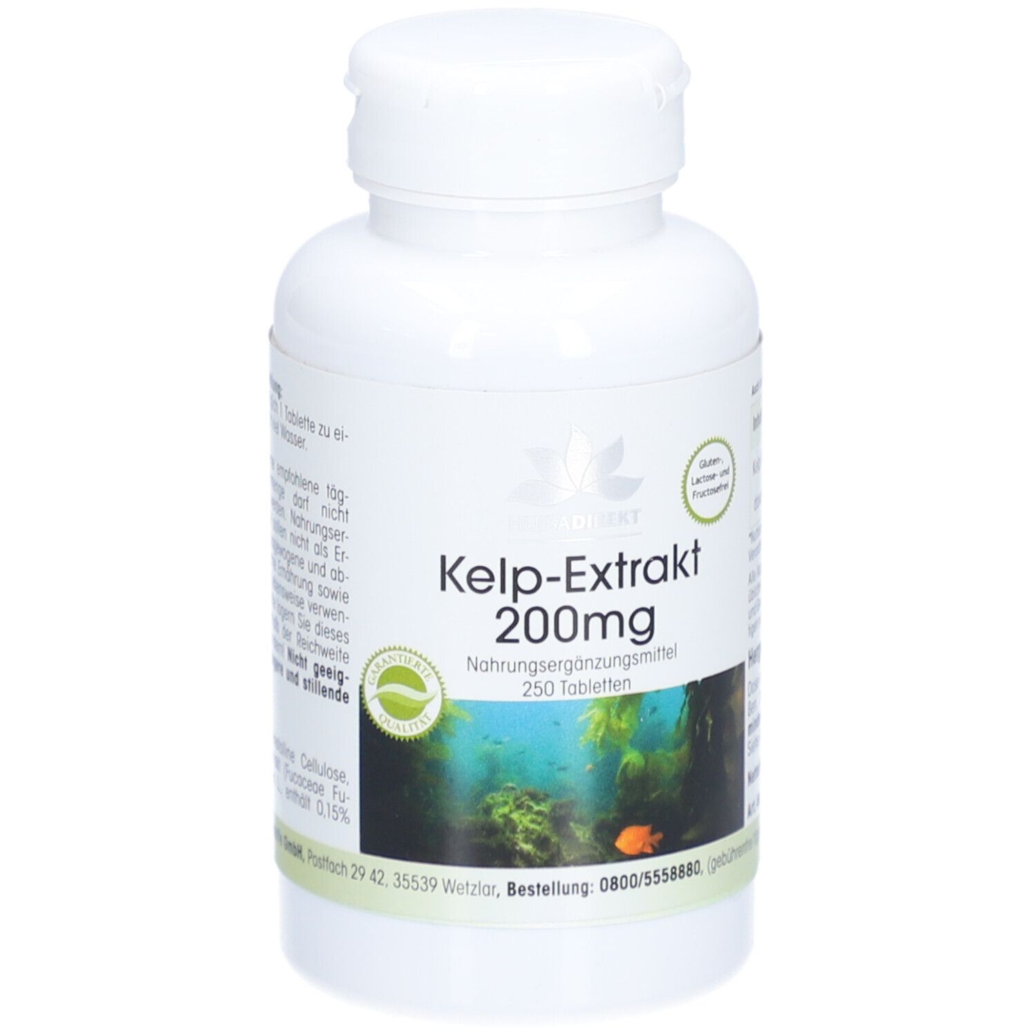 Witte fles met groen etiket. Kelp-Extrakt 200mg, 250 tabletten. Onderwatermotief en logo.