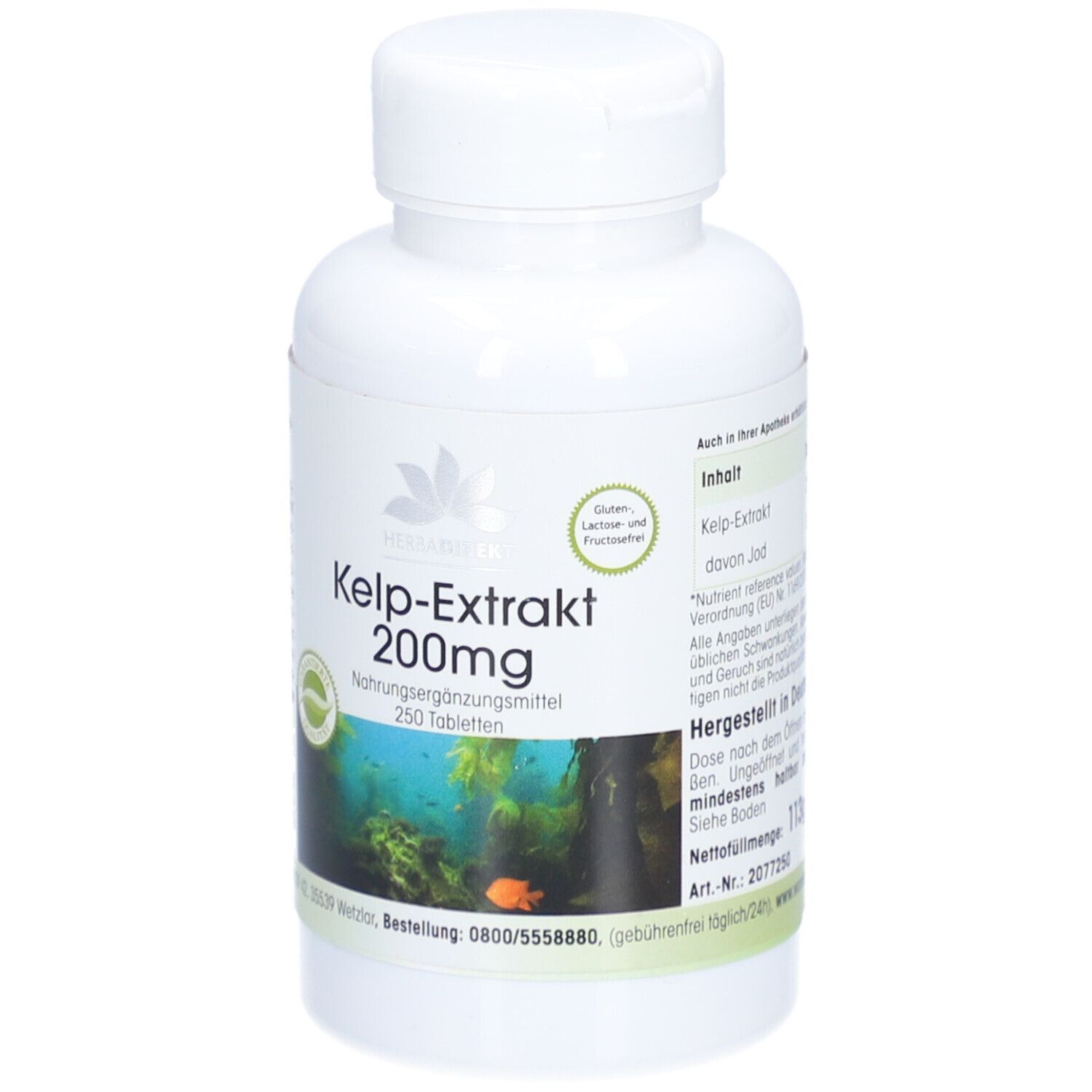 Witte fles met groen etiket. Kelp-Extrakt 200mg, 250 tabletten. Onderwatermotief en logo.