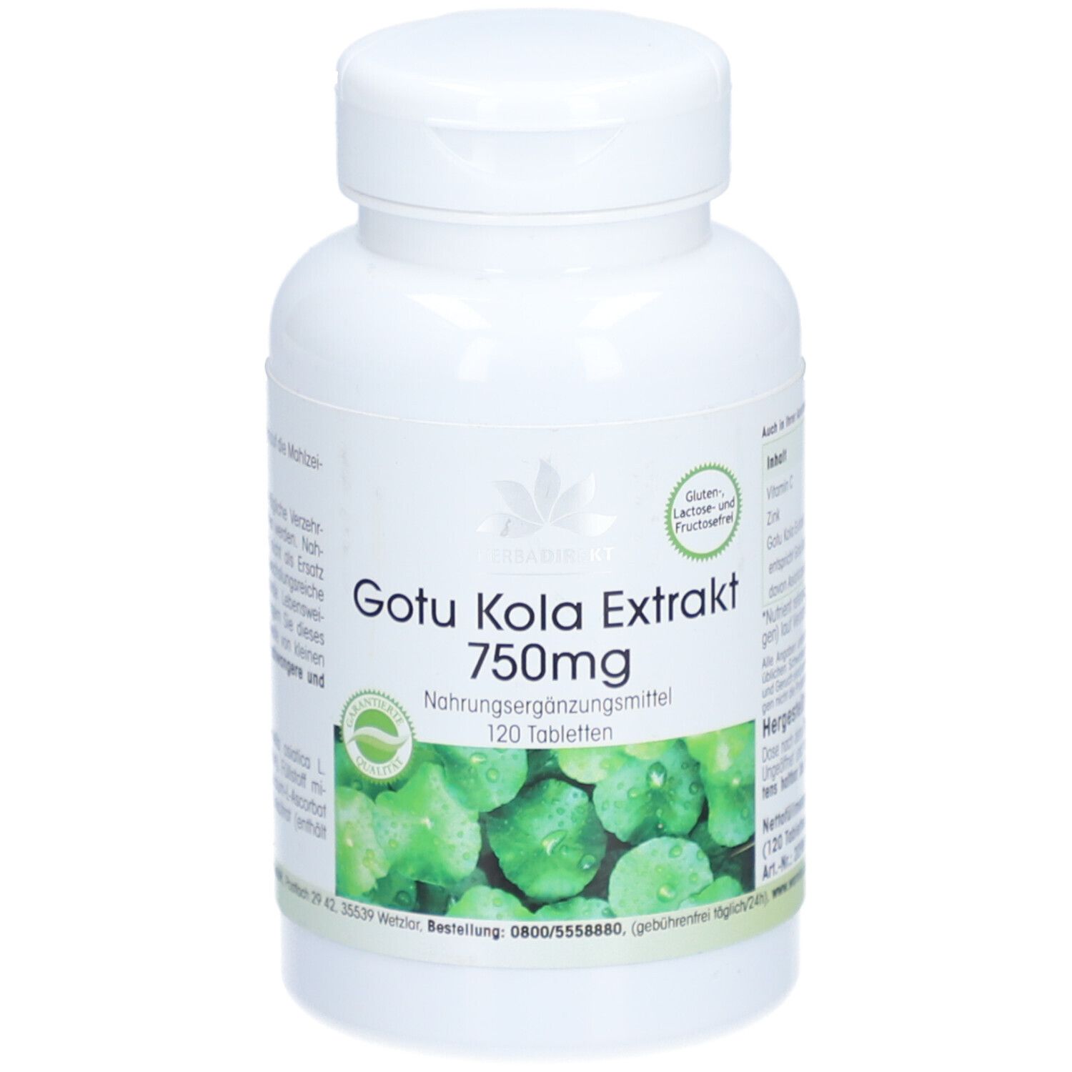 Witte tablettenfles met groen etiket. Gotu Kola Extrakt, 750mg, 120 tabletten. Gluten- en lactosevrij.