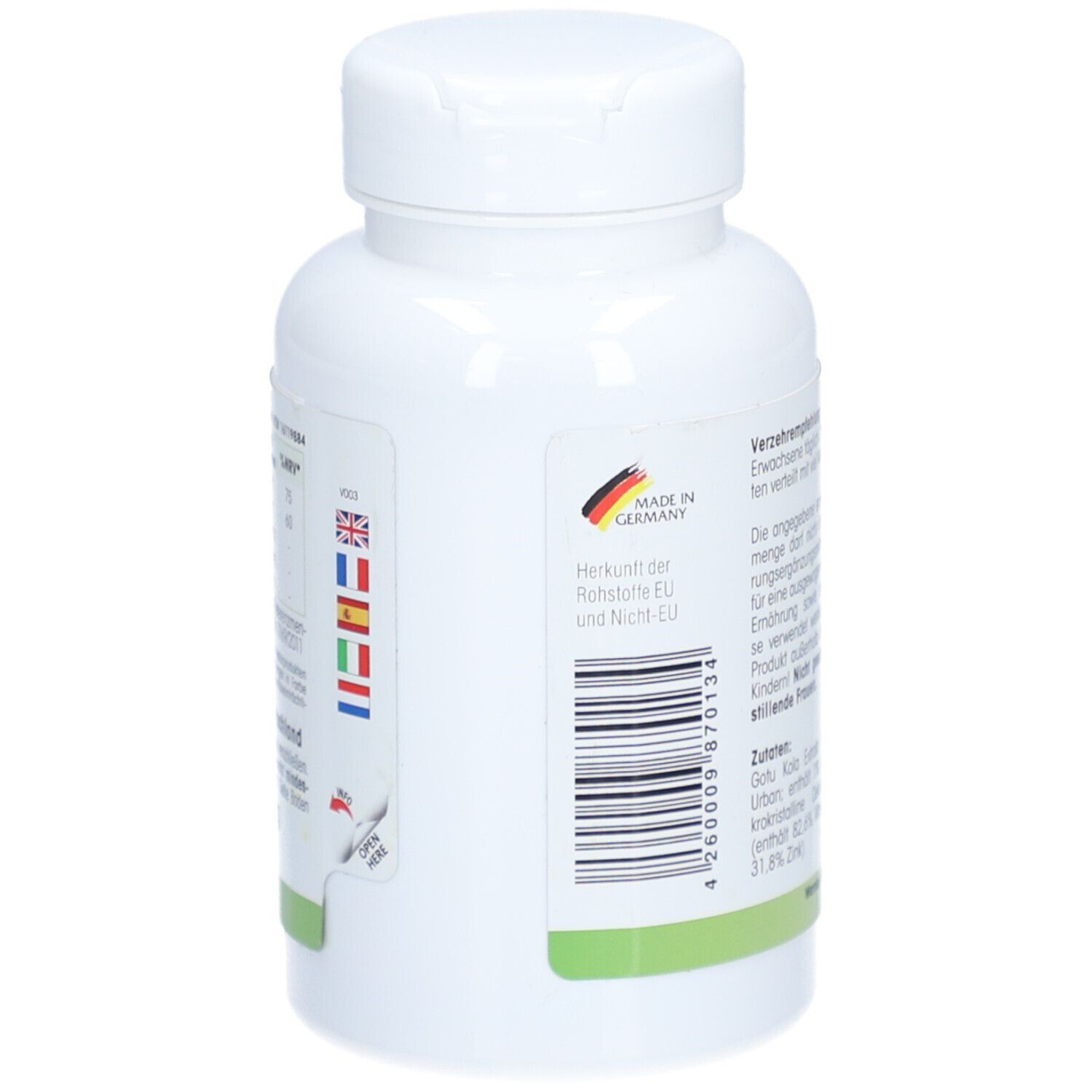 Witte tablettenfles met barcode en land van herkomst: Made in Germany. Meertalige vlaggen.