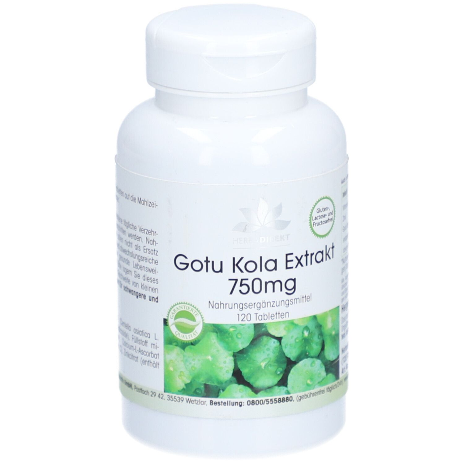 Witte tablettenfles met groen etiket. Gotu Kola Extrakt, 750mg, 120 tabletten. Gluten- en lactosevrij.