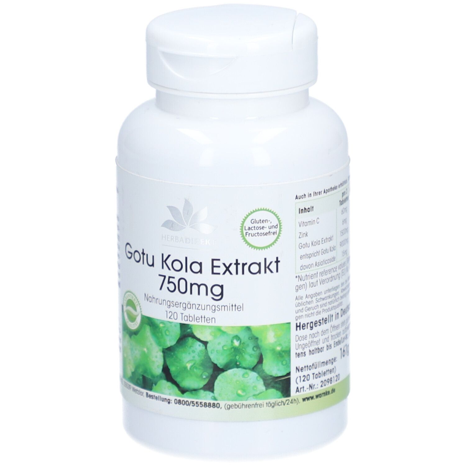Witte tablettenfles met groen etiket. Gotu Kola Extrakt, 750mg, 120 tabletten. Gluten- en lactosevrij.