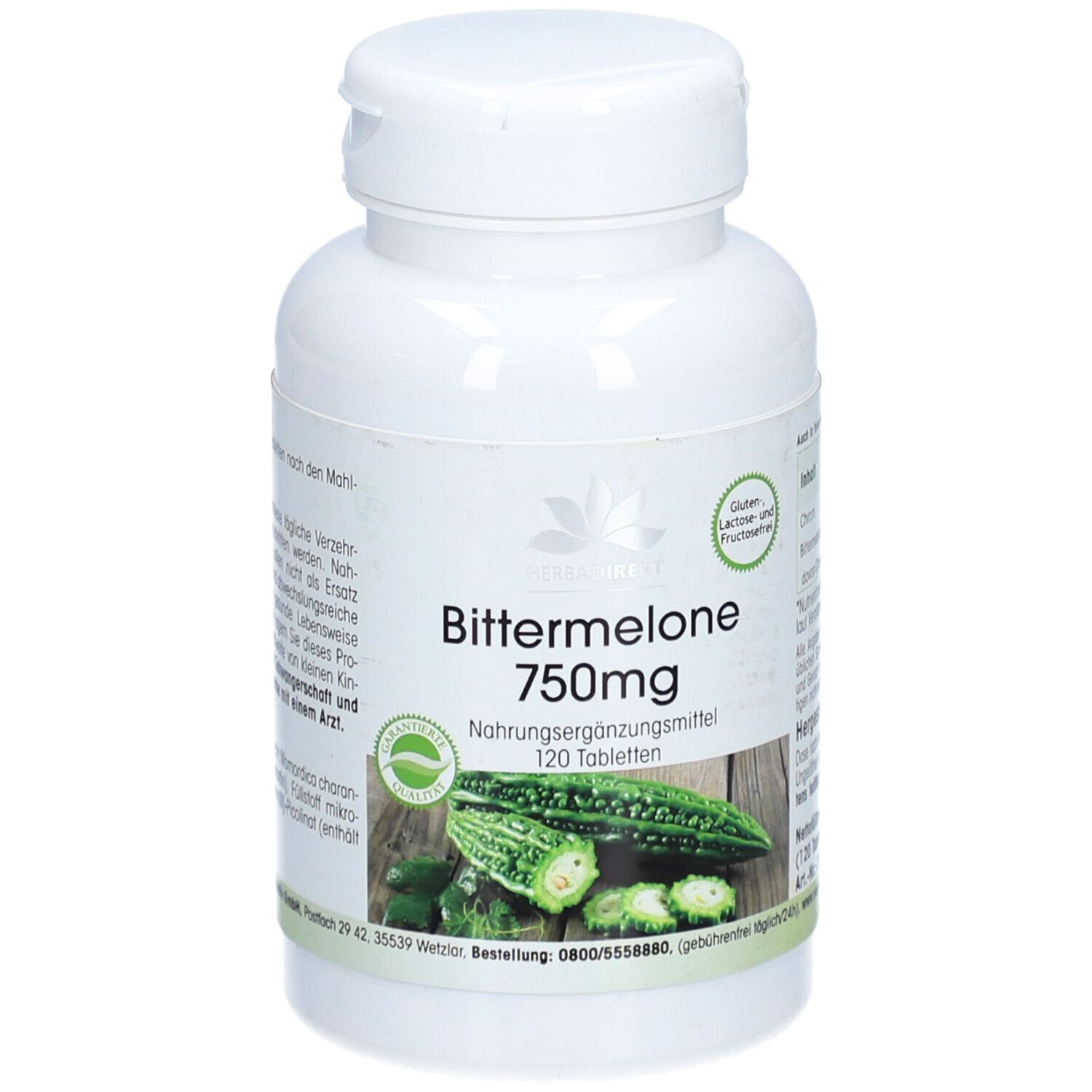 Flacon de comprimés blanc avec étiquette verte. Inscription : Bittermelone 750mg, 120 comprimés. Sans gluten ni lactose.