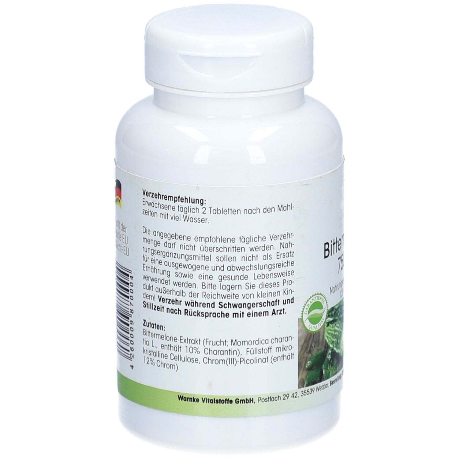 Dos du flacon de comprimés blanc. Texte : Recommandations d'utilisation, ingrédients. Illustration de la courge amère. Fabriqué en Allemagne.