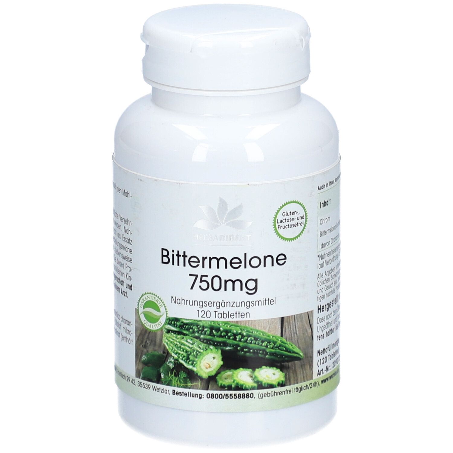 Flacon de comprimés blanc avec étiquette verte. Inscription : Bittermelone 750mg, 120 comprimés. Sans gluten ni lactose.