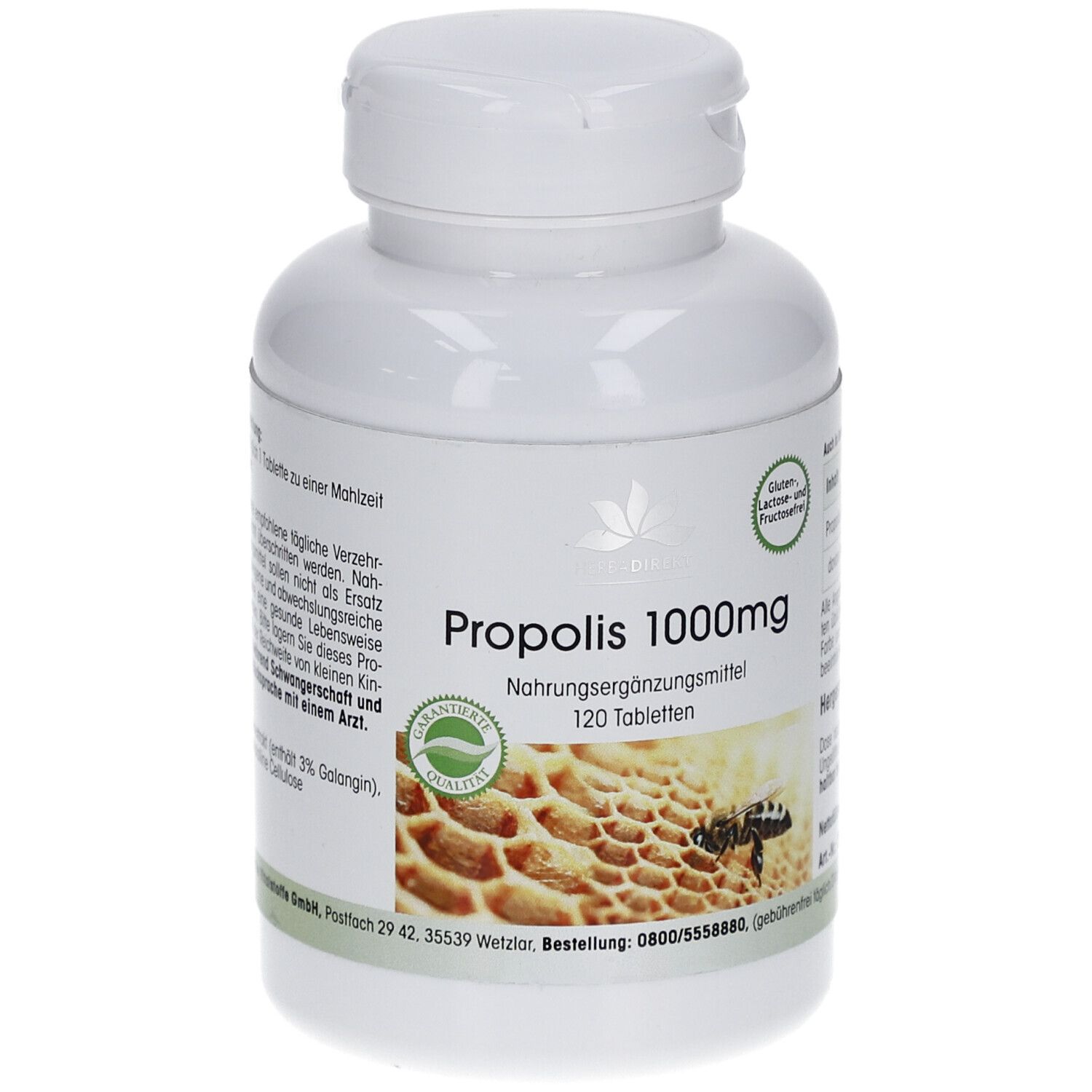 Witte fles PROPOLIS 1000mg tabletten. Opschrift: 120 tabletten. Afbeelding van honingraat met bij. Keurmerk.