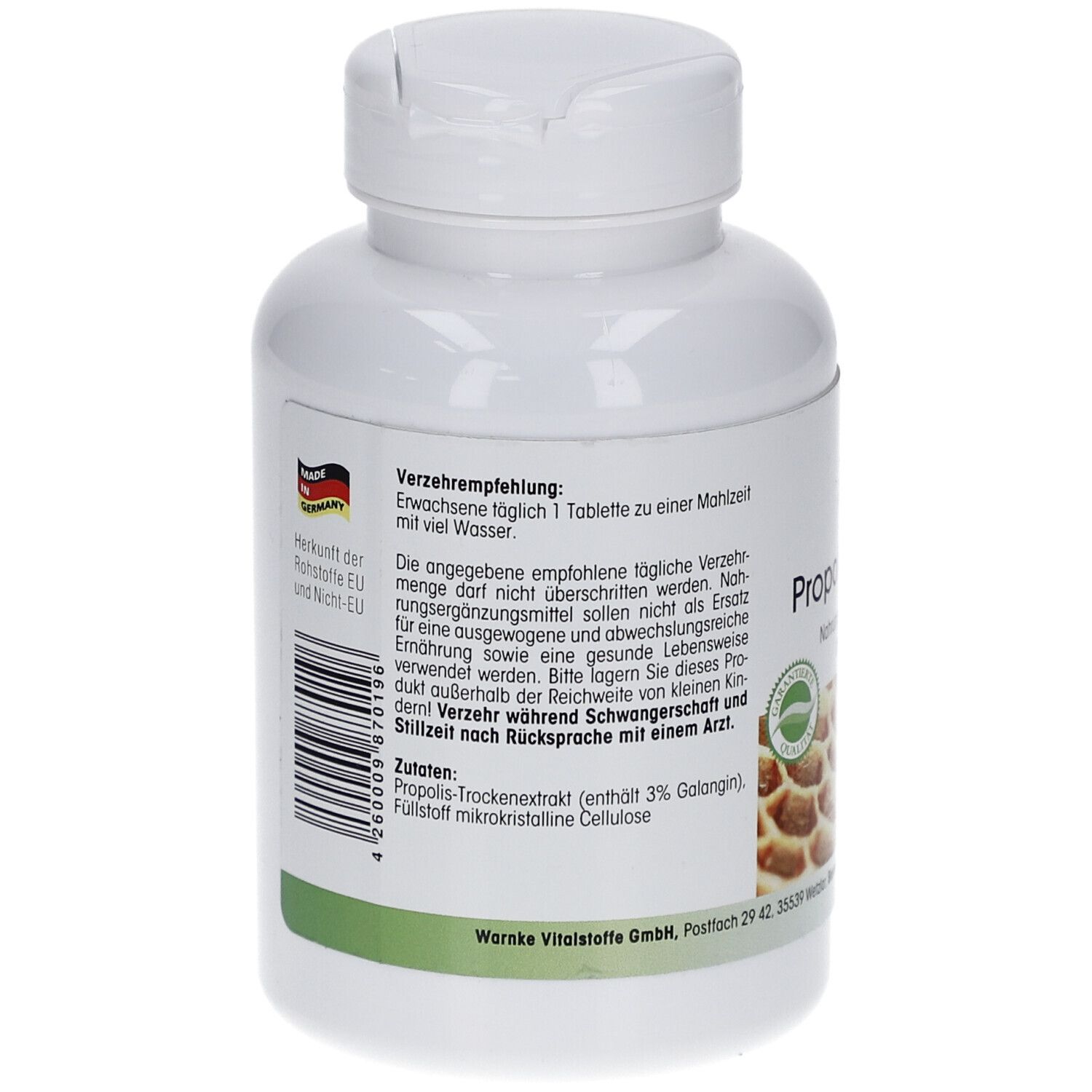 Achterkant witte fles. Tekst: Gebruiksaanbeveling. Ingrediënten. Gemaakt in Duitsland. Streepjescode.