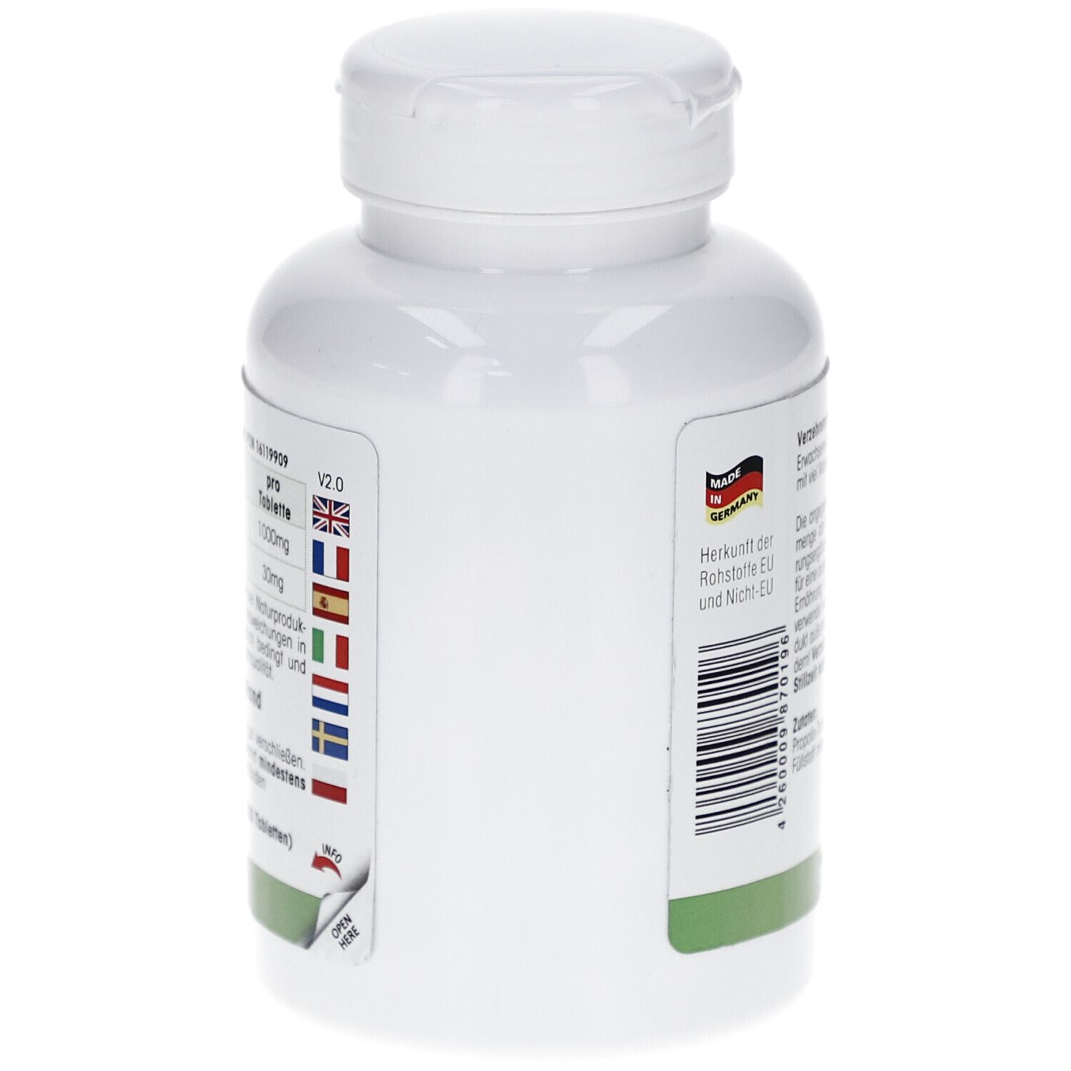 Witte fles. Zijkant met vlaggen en tekst: Herkomst grondstoffen EU en niet-EU. Streepjescode.