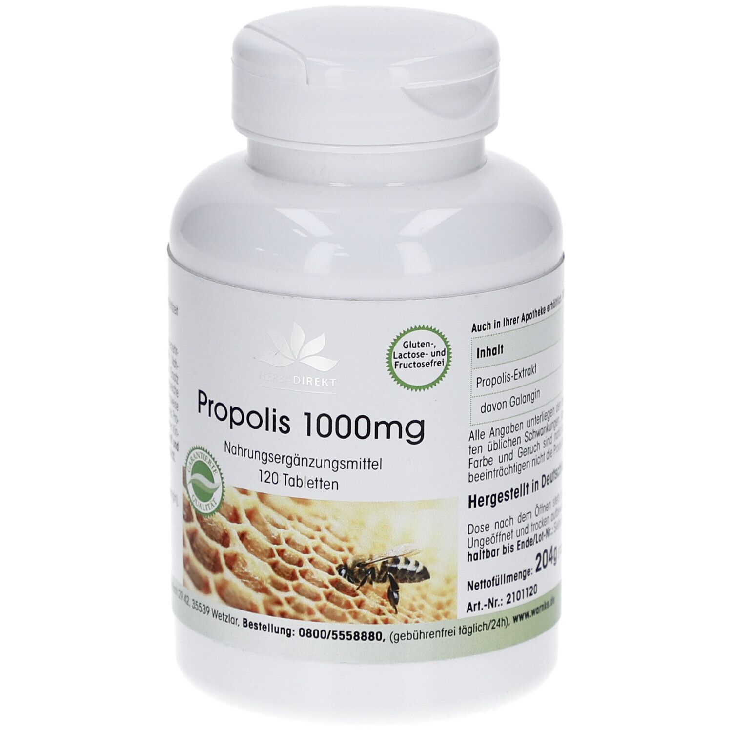 Witte fles PROPOLIS 1000mg. Opschrift: 120 tabletten. Afbeelding van honingraat met bij. Keurmerk.