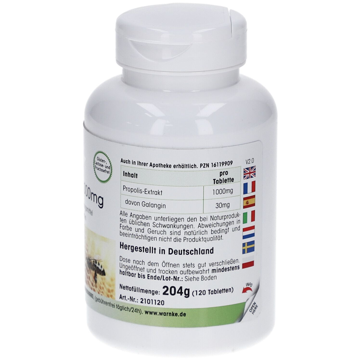 Witte fles PROPOLIS 1000mg. Opschrift: 120 tabletten. Samenstelling. Gemaakt in Duitsland.