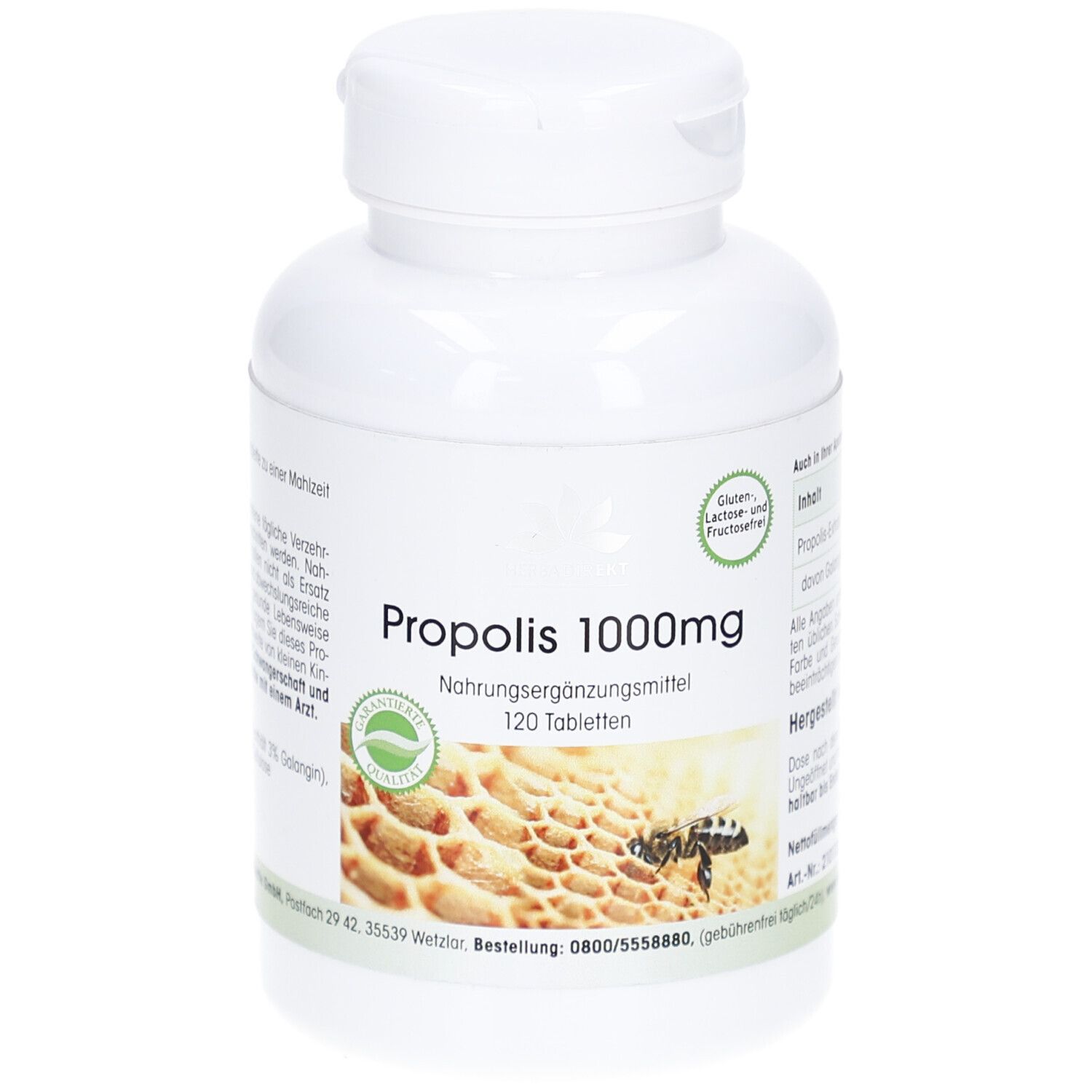 Witte fles PROPOLIS 1000mg. Opschrift: 120 tabletten. Afbeelding van honingraat met bij. Keurmerk.
