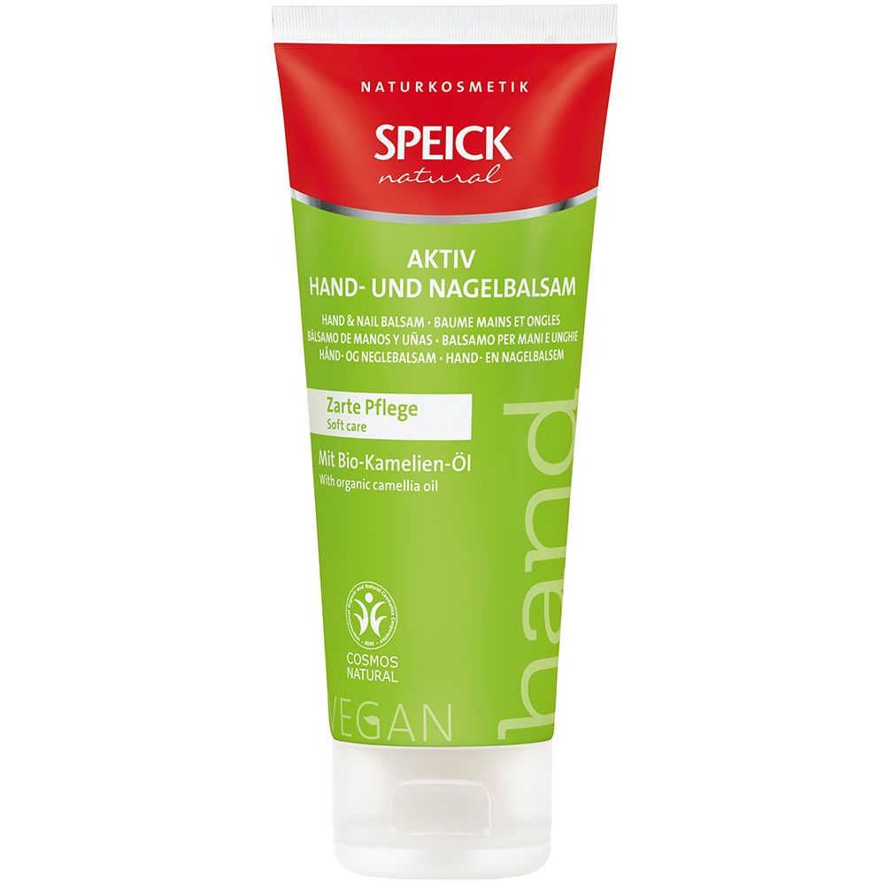 Groene tube met rode dop. Productnaam en tekst zichtbaar. "Hand- und Nagelbalsam" en "Vegan" zijn leesbaar.