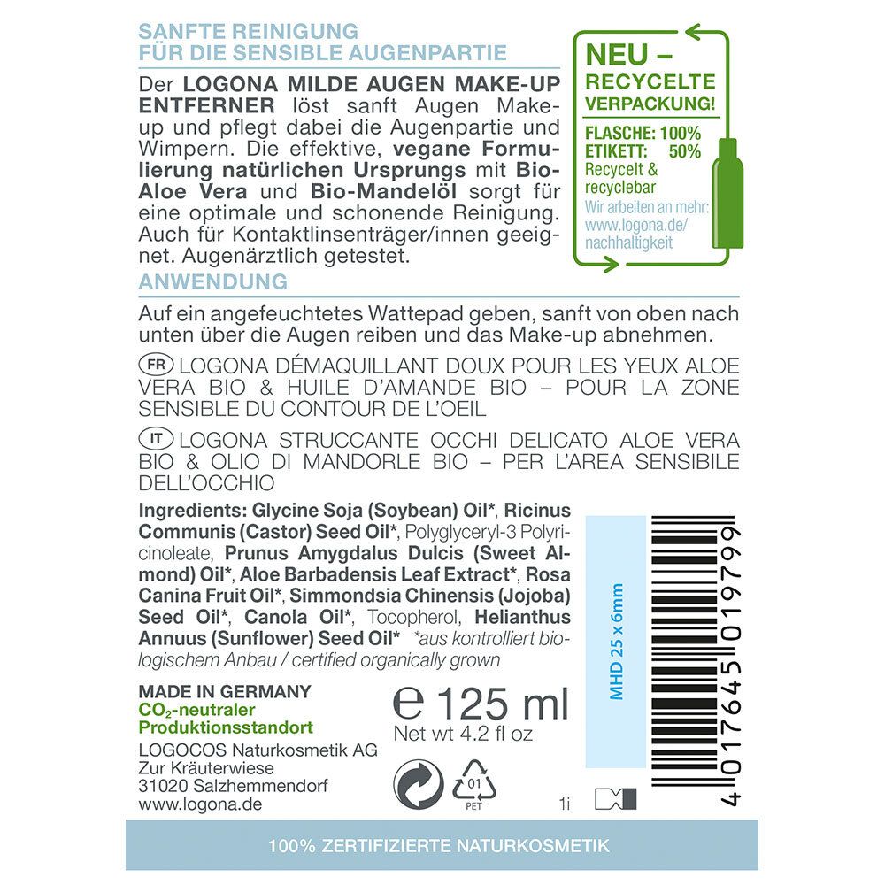 Achterkant van de fles LOGONA oogmake-up remover. Tekst in het Duits, Frans en Italiaans. Ingrediënten. Gerecyclede verpakking.