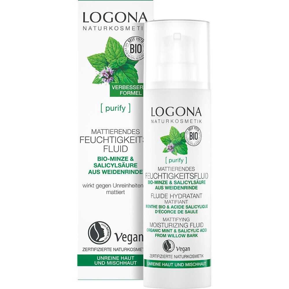 LOGONA Matterende hydraterende crème, fles en verpakking. Vegan. Bio-munt & salicylzuur. Onreine huid.