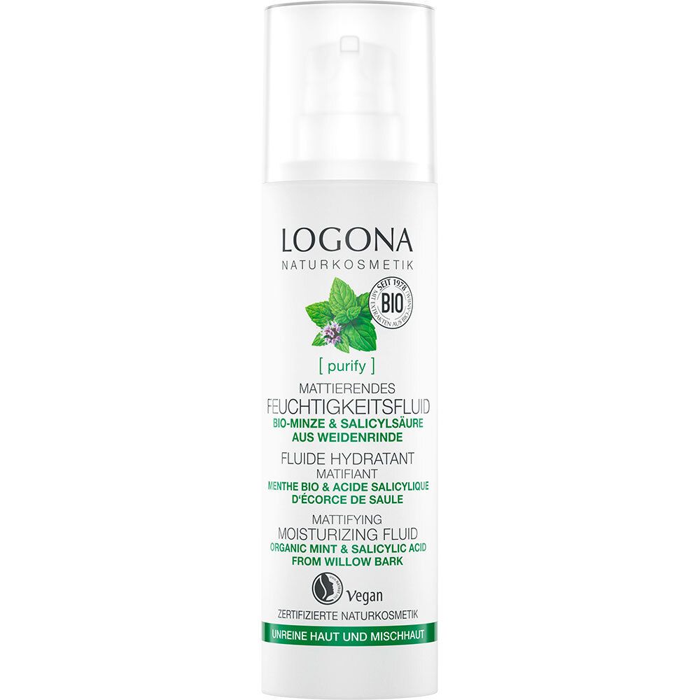LOGONA Matterende hydraterende crème, witte fles met pomp. Vegan. Bio-munt & salicylzuur. Onreine huid.