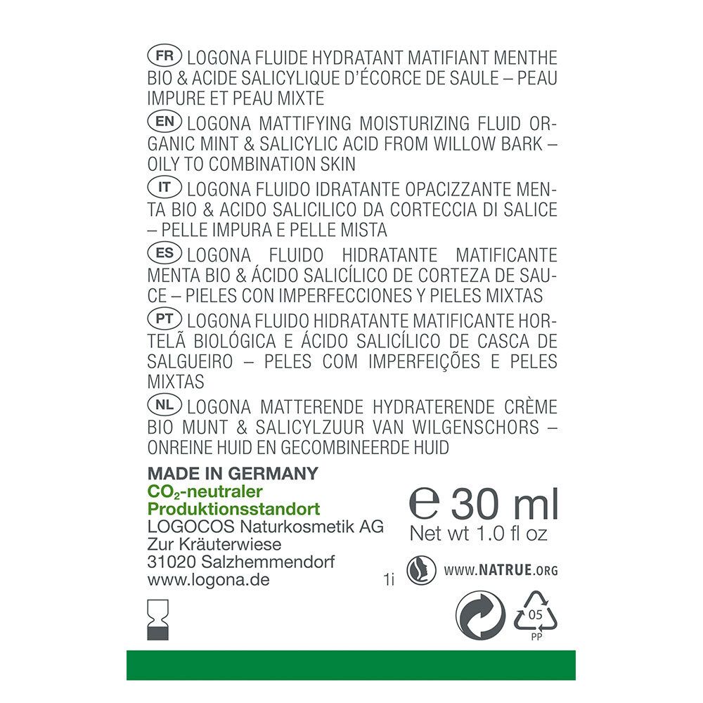 Productinformatie op de achterkant van de fles. Ingrediënten, fabrikant, volume 30 ml, Vegan-keurmerk.