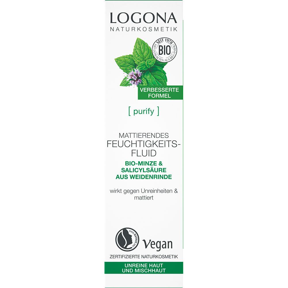 LOGONA Matterende hydraterende crème, verpakking. Vegan. Bio-munt & salicylzuur. Onreine huid.