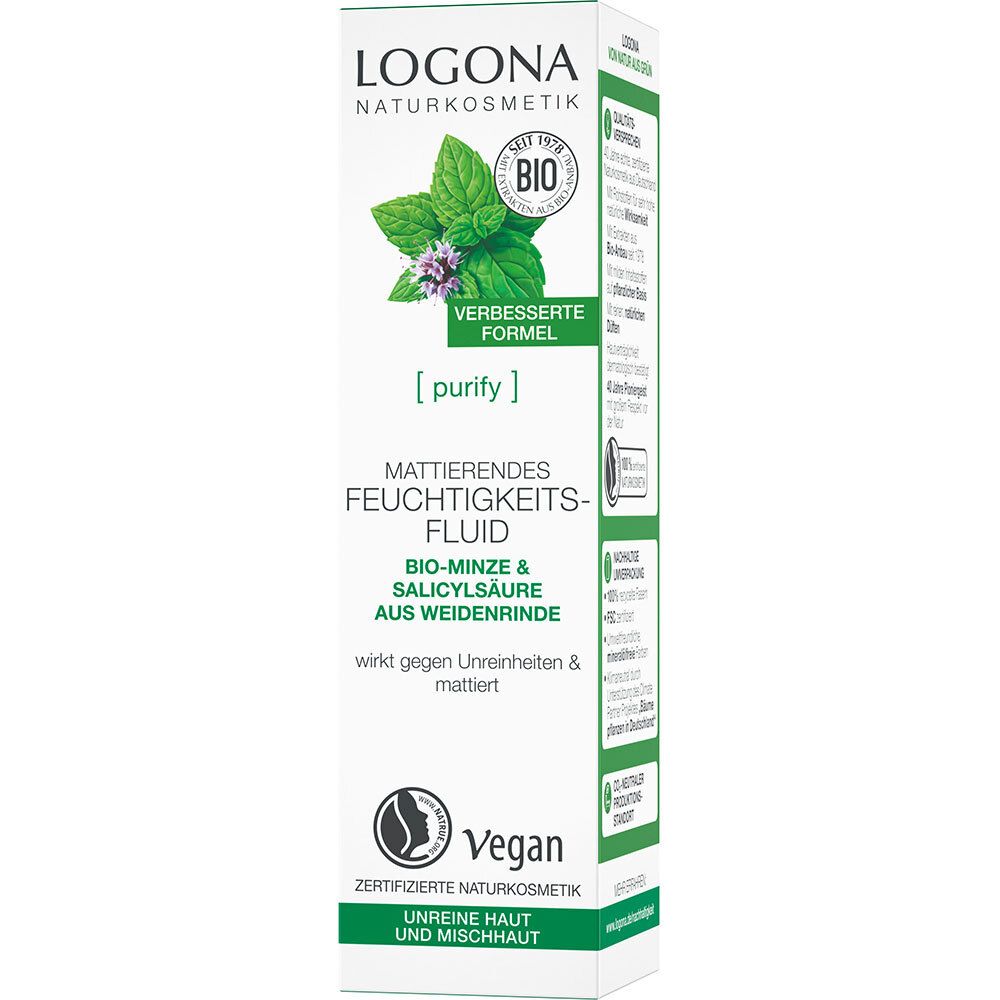 LOGONA Matterende hydraterende crème, verpakking. Vegan. Bio-munt & salicylzuur. Onreine huid.