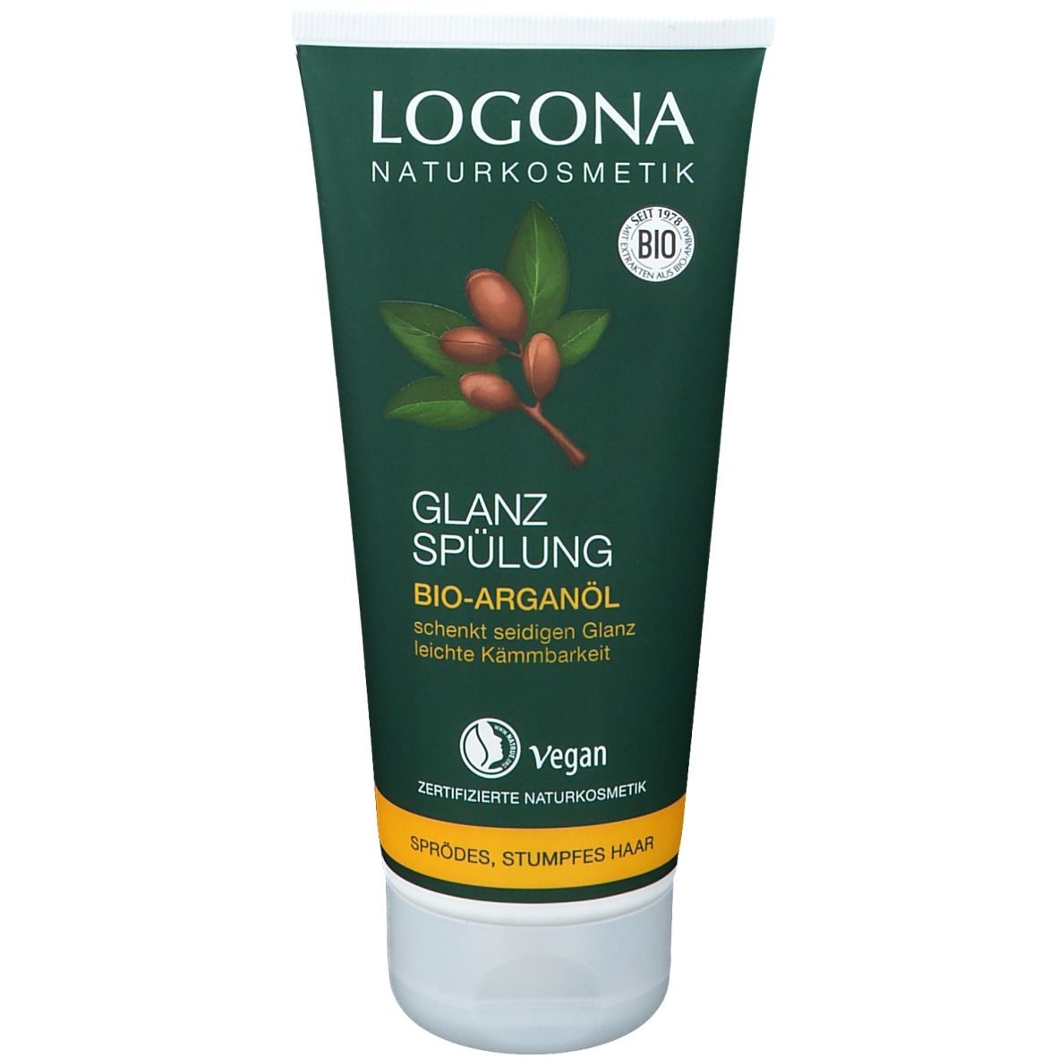 Tube verte LOGONA Glanzspülung Bio-Arganöl. Contient de l'huile d'argan bio, label Vegan. Texte: brillance, cheveux secs et ternes.