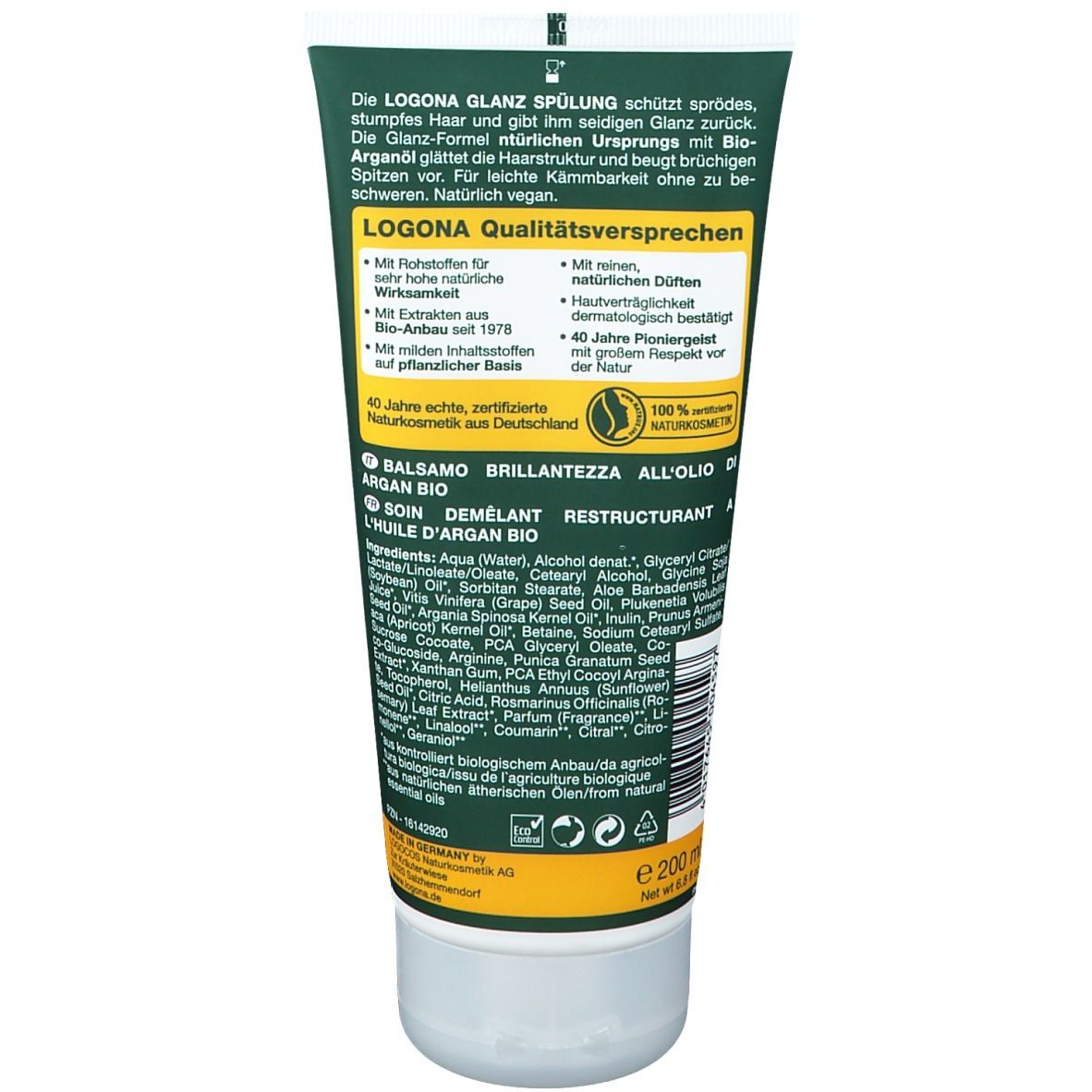 Dos du tube LOGONA Glanzspülung Bio-Arganöl. Texte: ingrédients, promesses de qualité, 100% cosmétiques naturels, culture bio.
