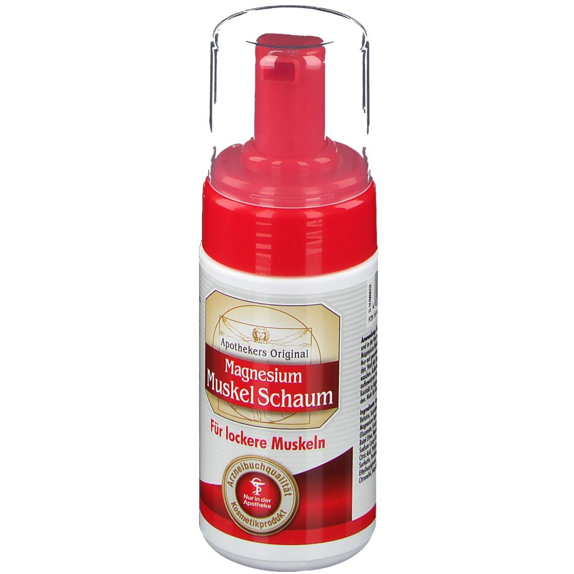Magnesium Muscle Foam fles. Rode pompkop met transparante dop. Etiket met productnaam en logo.