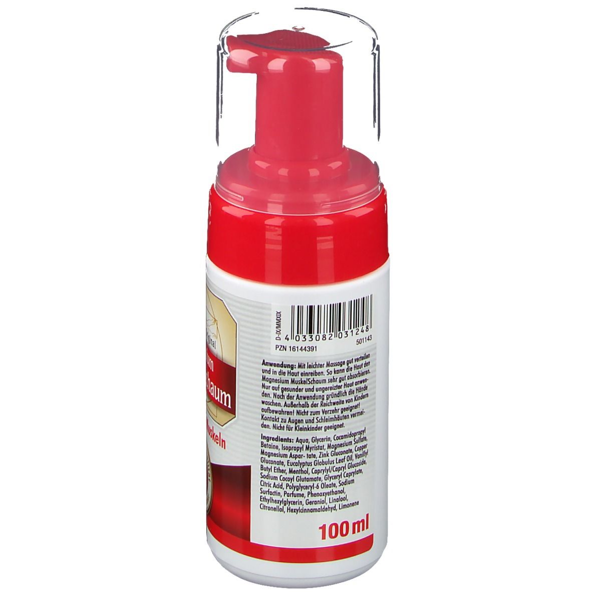 Achterkant van de Magnesium Muscle Foam fles. Etiket met ingrediënten en gebruiksaanwijzing. 100 ml.