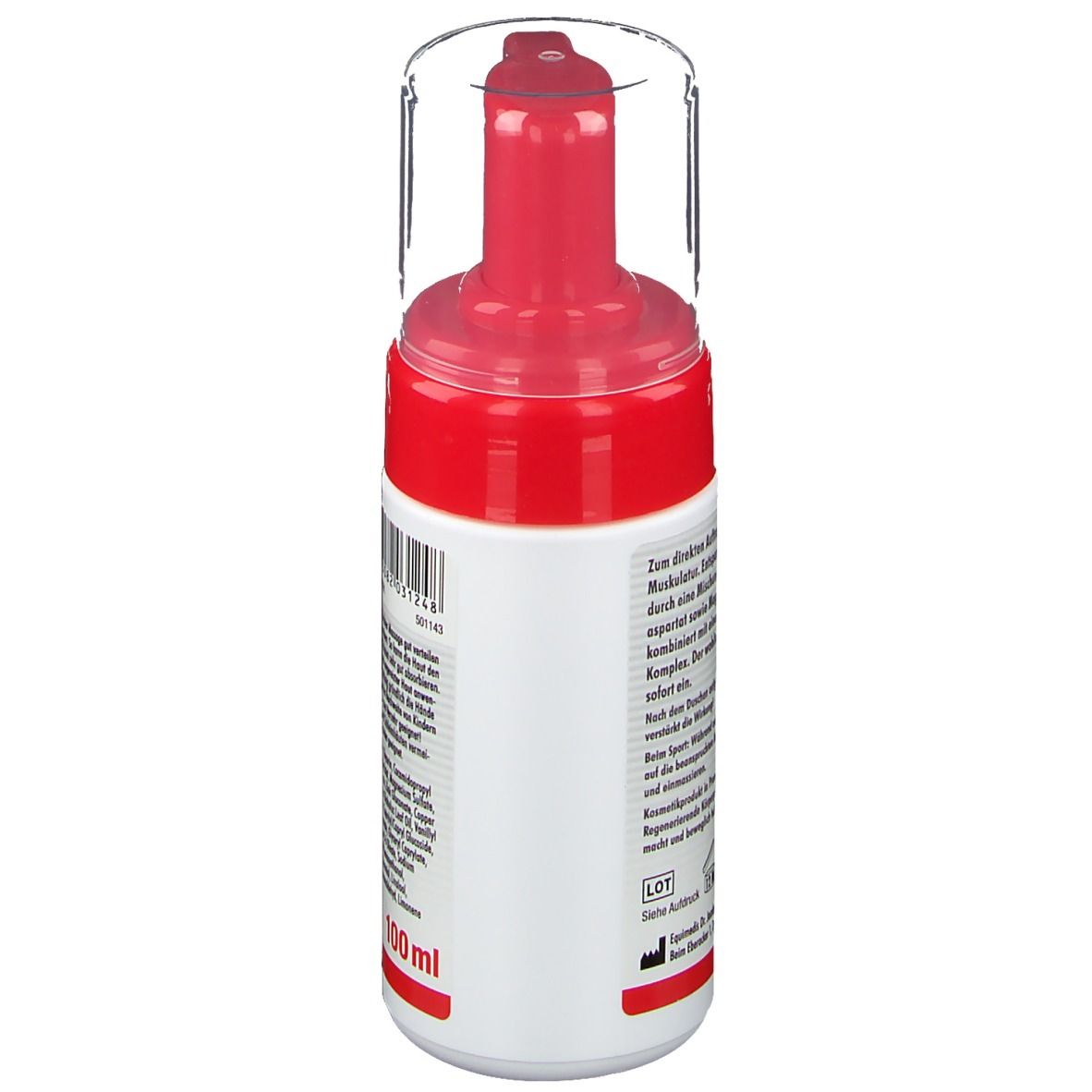 Achterkant van de Magnesium Muscle Foam fles. Etiket met productinformatie en tekst. 100 ml.
