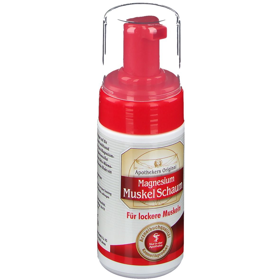 Magnesium Muscle Foam fles. Rode pompkop met transparante dop. Etiket met productnaam en logo.