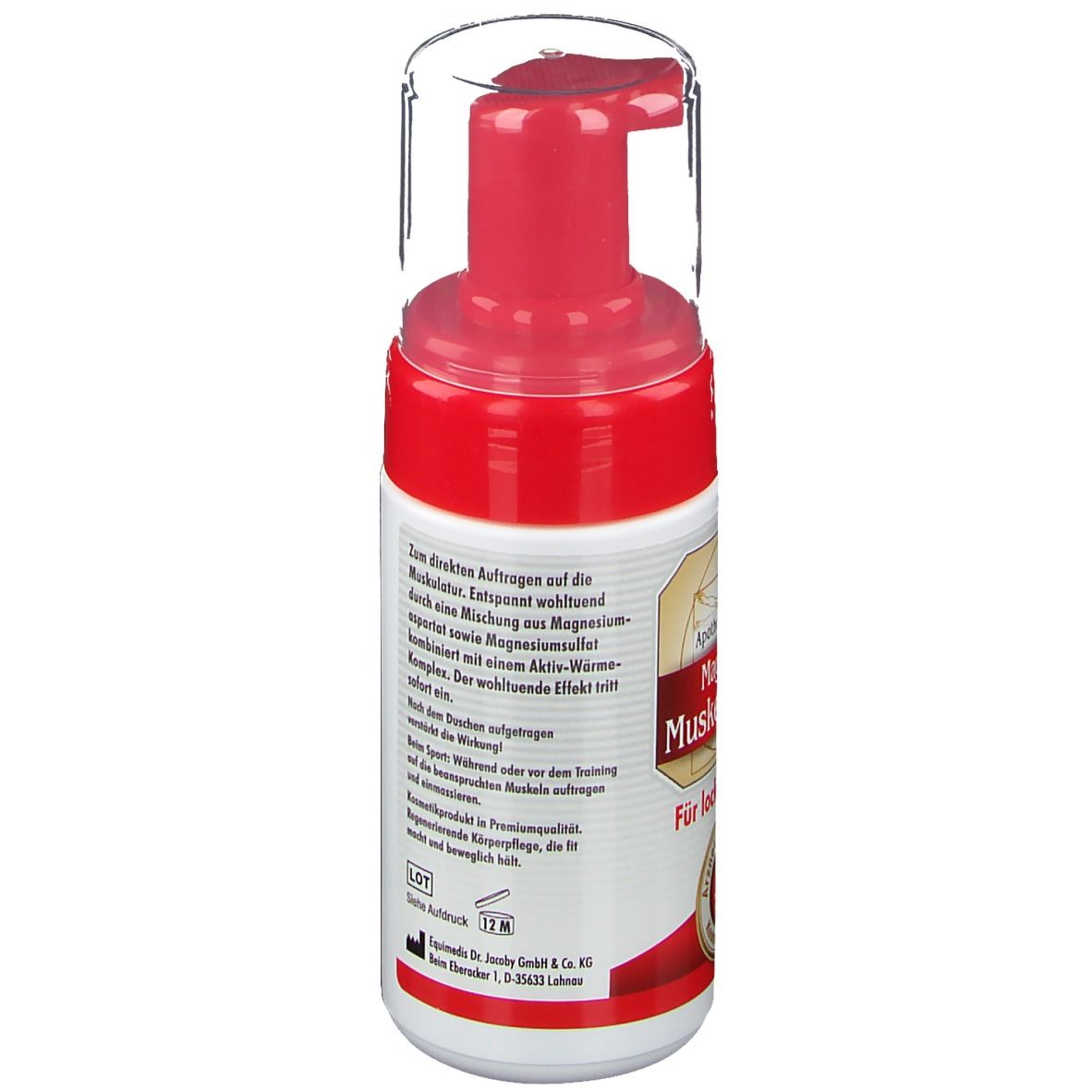 Achterkant van de Magnesium Muscle Foam fles. Etiket met productinformatie en tekst. Houdbaarheid 12M.