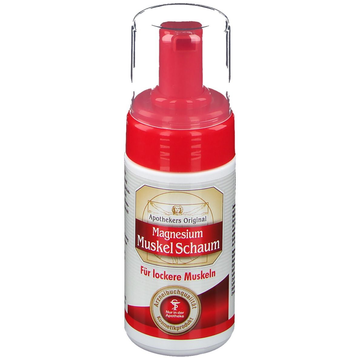 Magnesium Muscle Foam fles. Rode pompkop met transparante dop. Etiket met productnaam en logo.