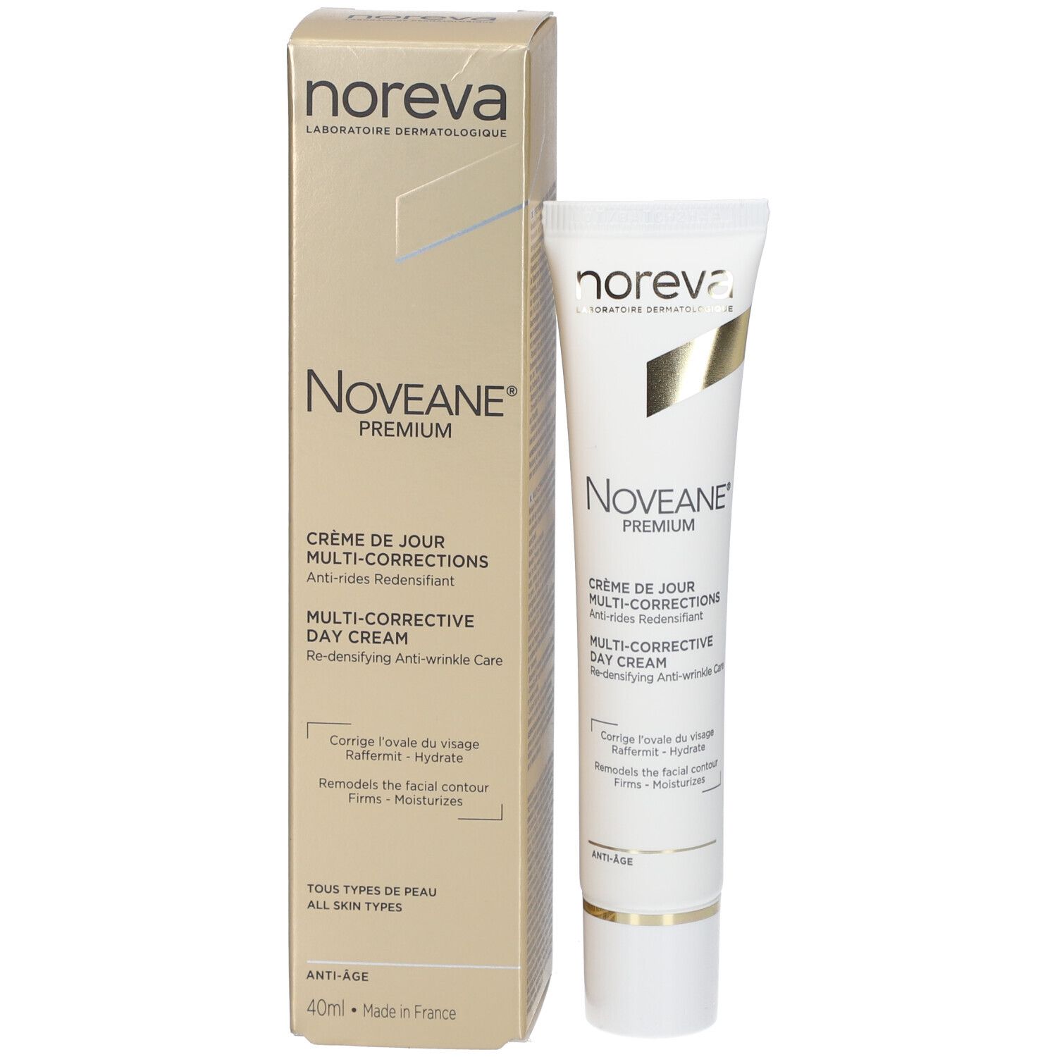 Emballage produit: tube et boîte. Inscriptions: Noreva, Noveane Premium, Multi-Corrections. Doré.