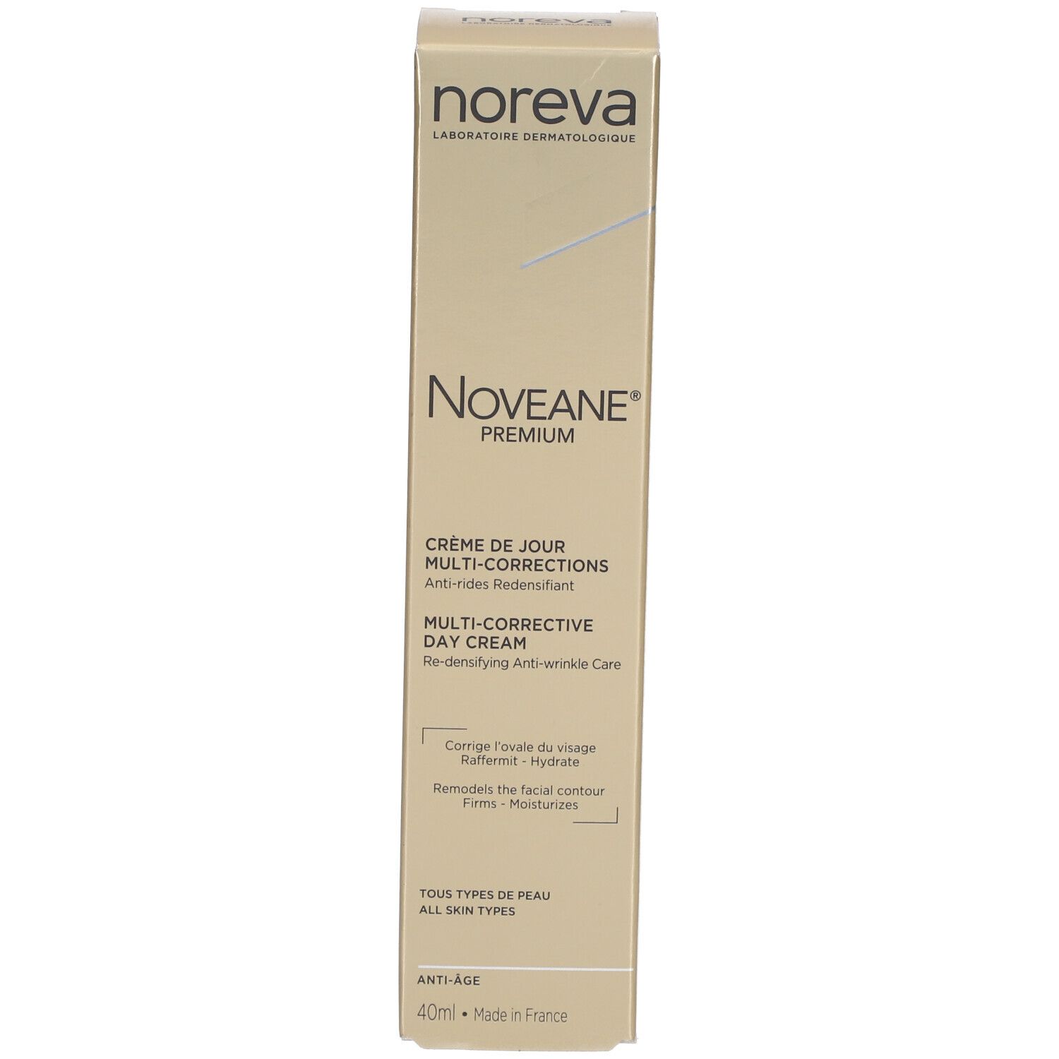 Emballage carton. Inscriptions: Noreva, Noveane Premium, Multi-Corrections. Doré, rectangulaire.
