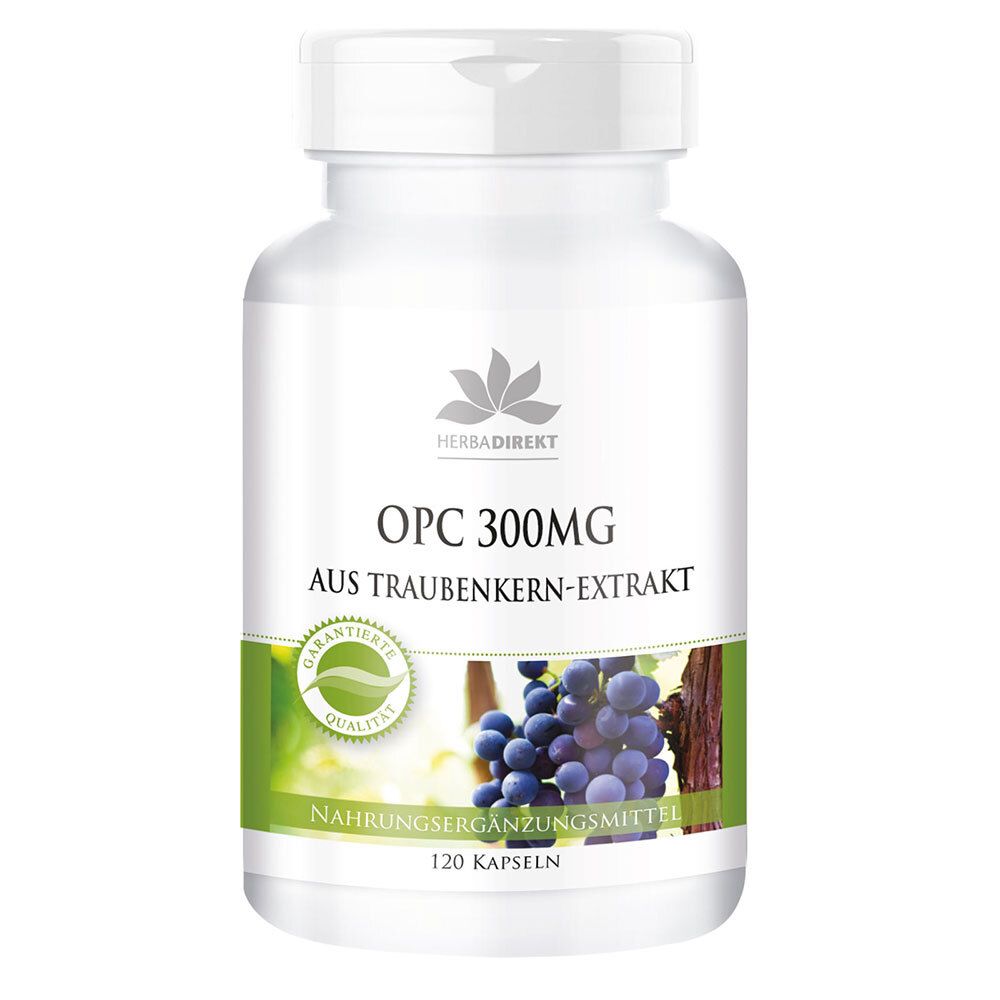 Flacon blanc avec OPC 300mg. Inscription: Extrait de pépins de raisin. 120 gélules. Sceau: qualité garantie. Illustration de raisins.
