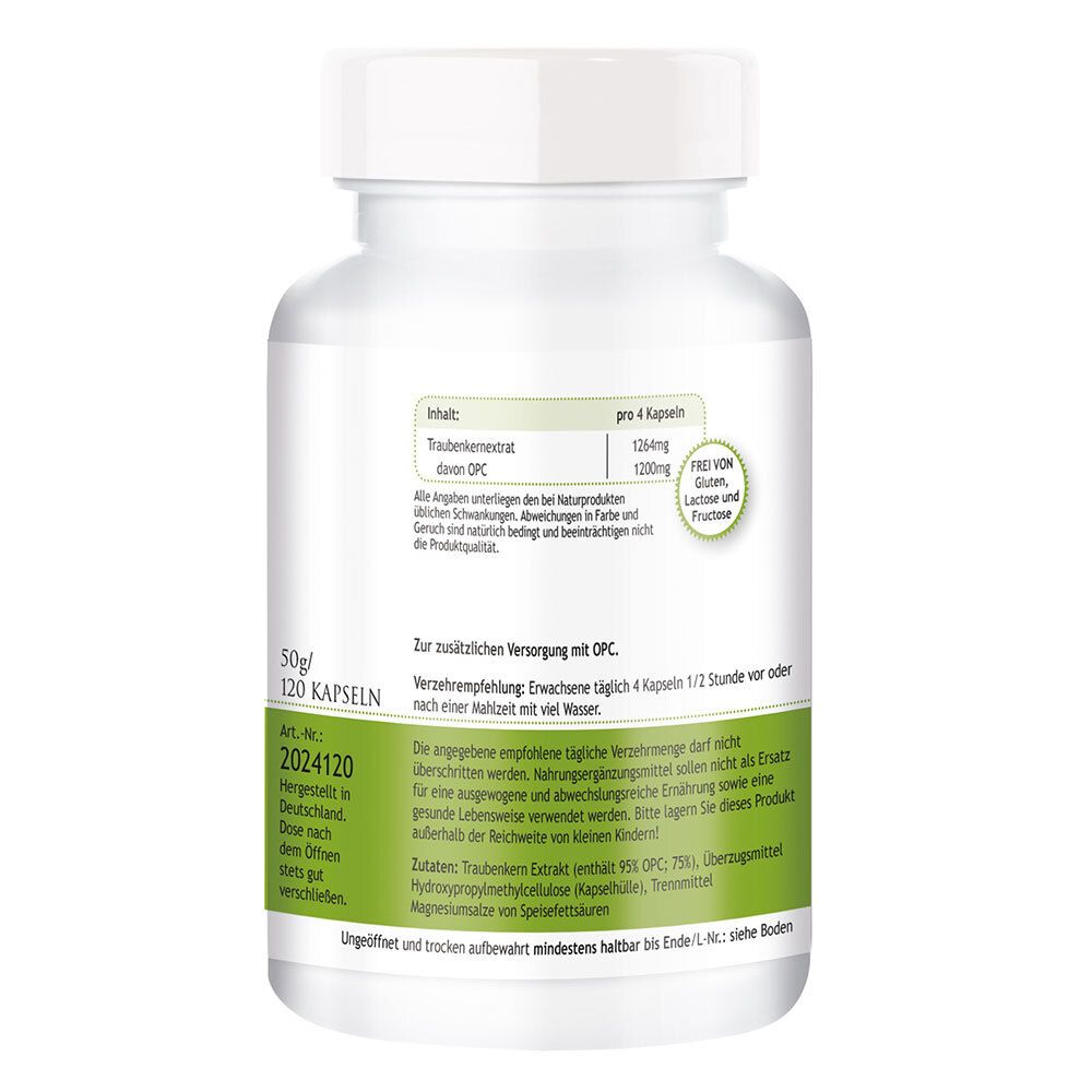 Dos du flacon blanc. Informations sur les ingrédients et recommandations d'utilisation. Sans gluten, lactose et fructose. 120 gélules.