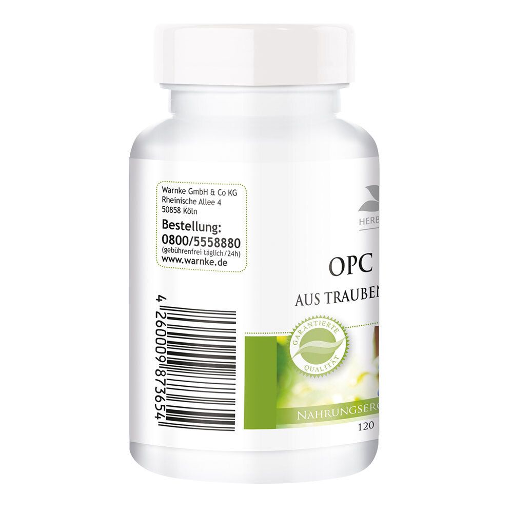 Dos du flacon blanc. Informations sur le fabricant et code-barres. Sceau: qualité garantie. 120 gélules.