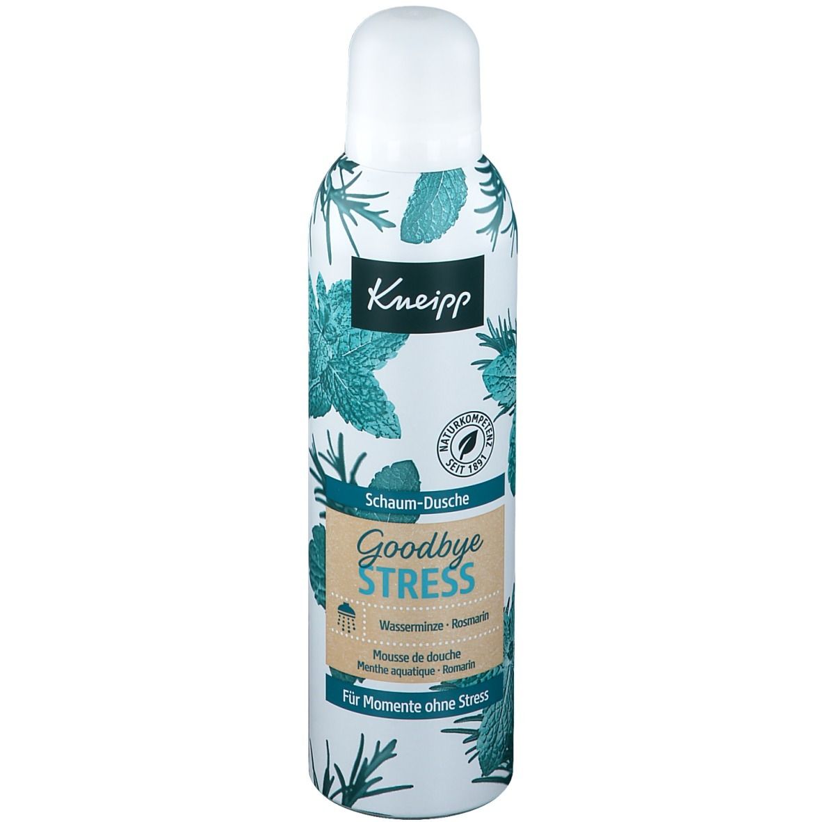 Kneipp Schaum-Dusche Goodbye Stress. Bouteille blanche avec herbes vertes et feuilles de menthe. Nom du produit et logo visibles.