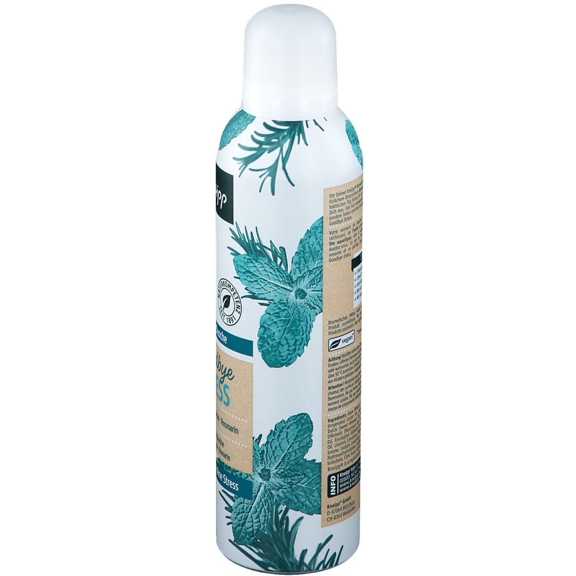 Kneipp Schaum-Dusche Goodbye Stress. Vue latérale de la bouteille blanche avec herbes et feuilles de menthe. Texte et logo visibles.
